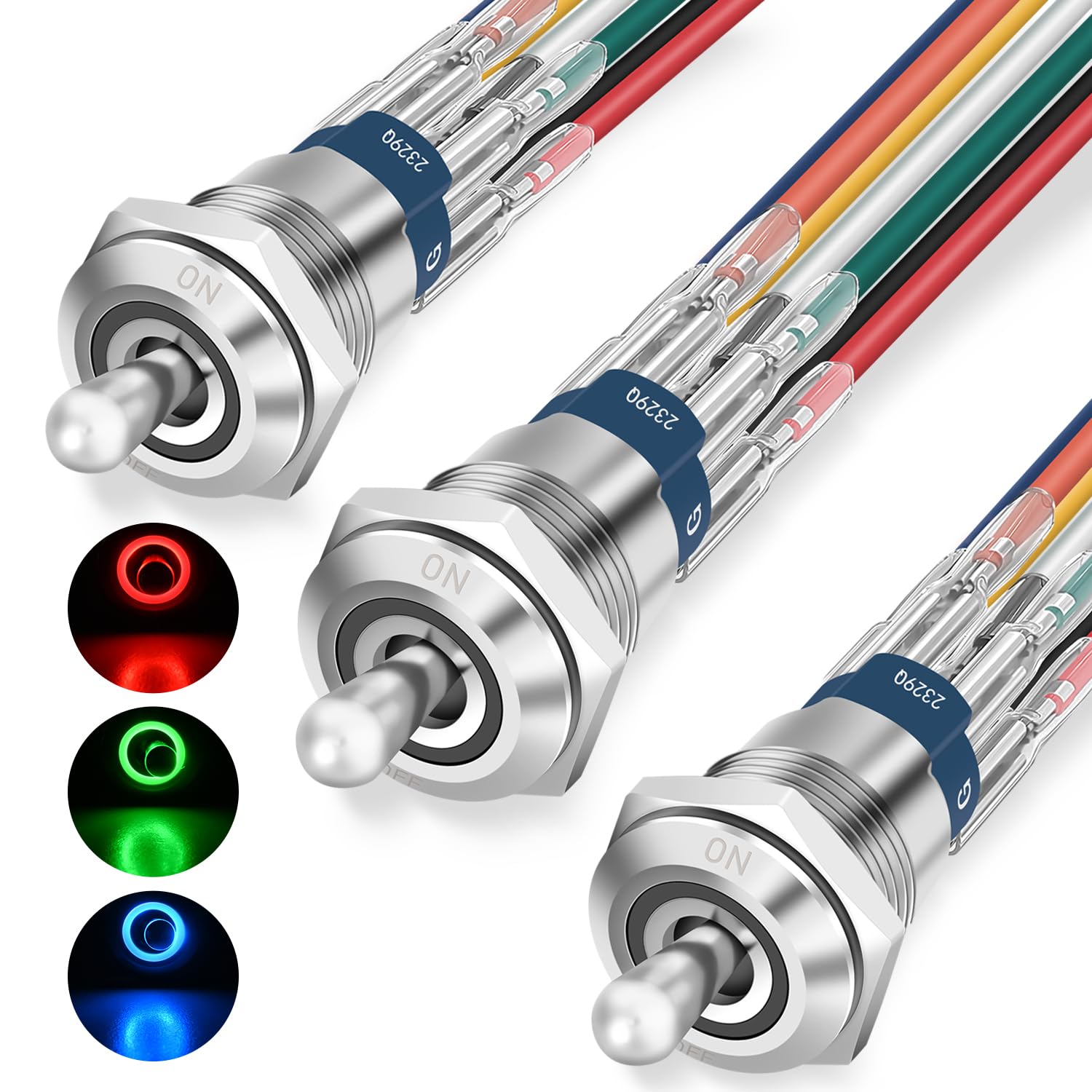 Nilight 3Pcs Rgb Toggle Switch 12-24V Rocker Switch Red Green Blue Led Lighted W/Pre-Wired Harness Stainless Steel Latching On O