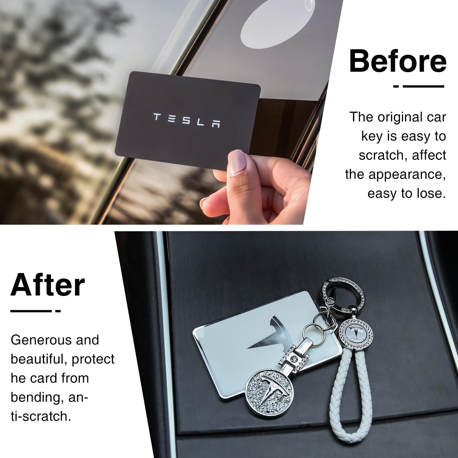 Tesheer White Key Card Holder Bling Key Chain for Tesla Model S/X/3/Y & Cybertruck - Crystal Key Fob Accessories
