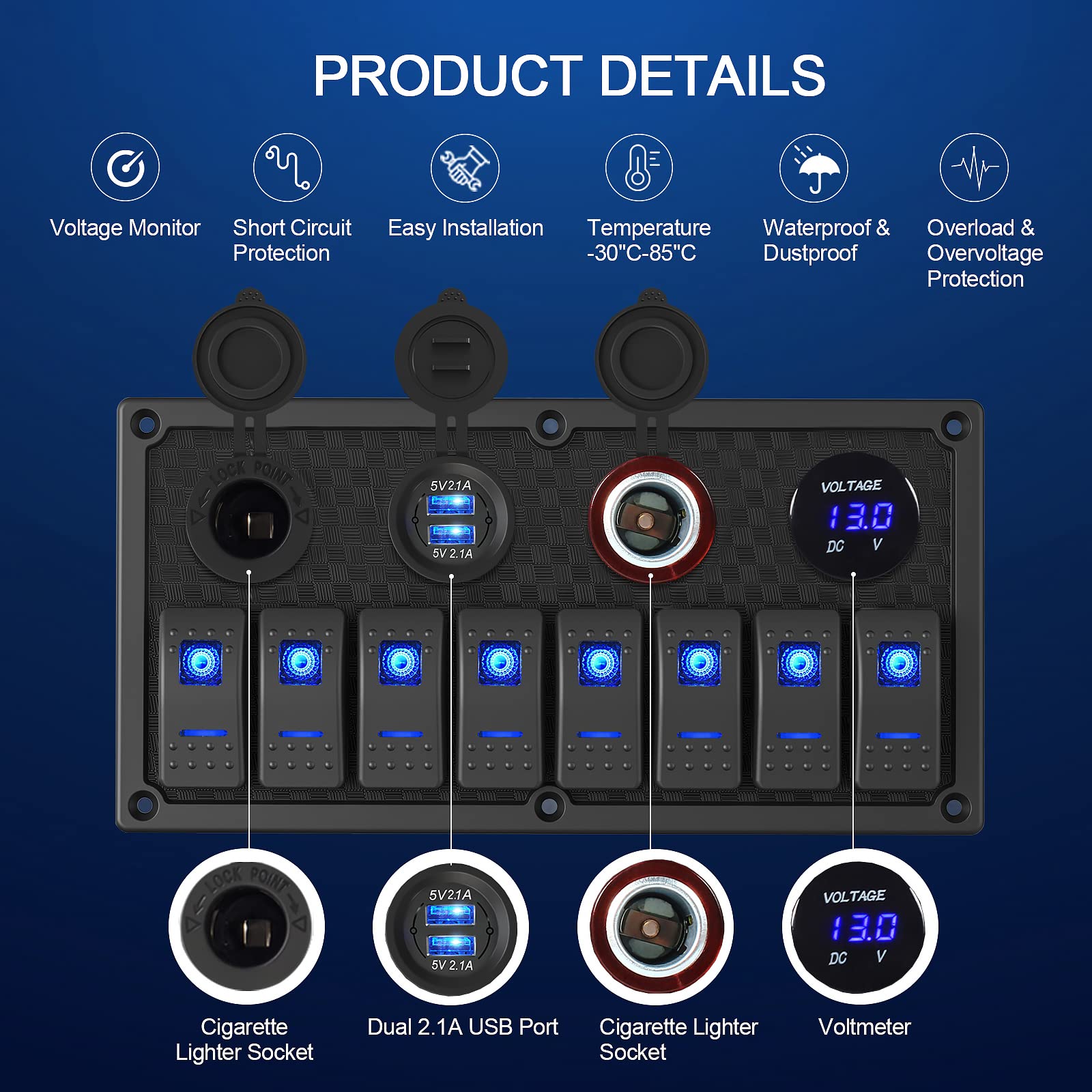 Marine Switch Panel,8 Gang Waterproof Rocker Switch Panel,Multi Function Dual USB Slot Socket with Digital Voltmeter,12-24V Pre-