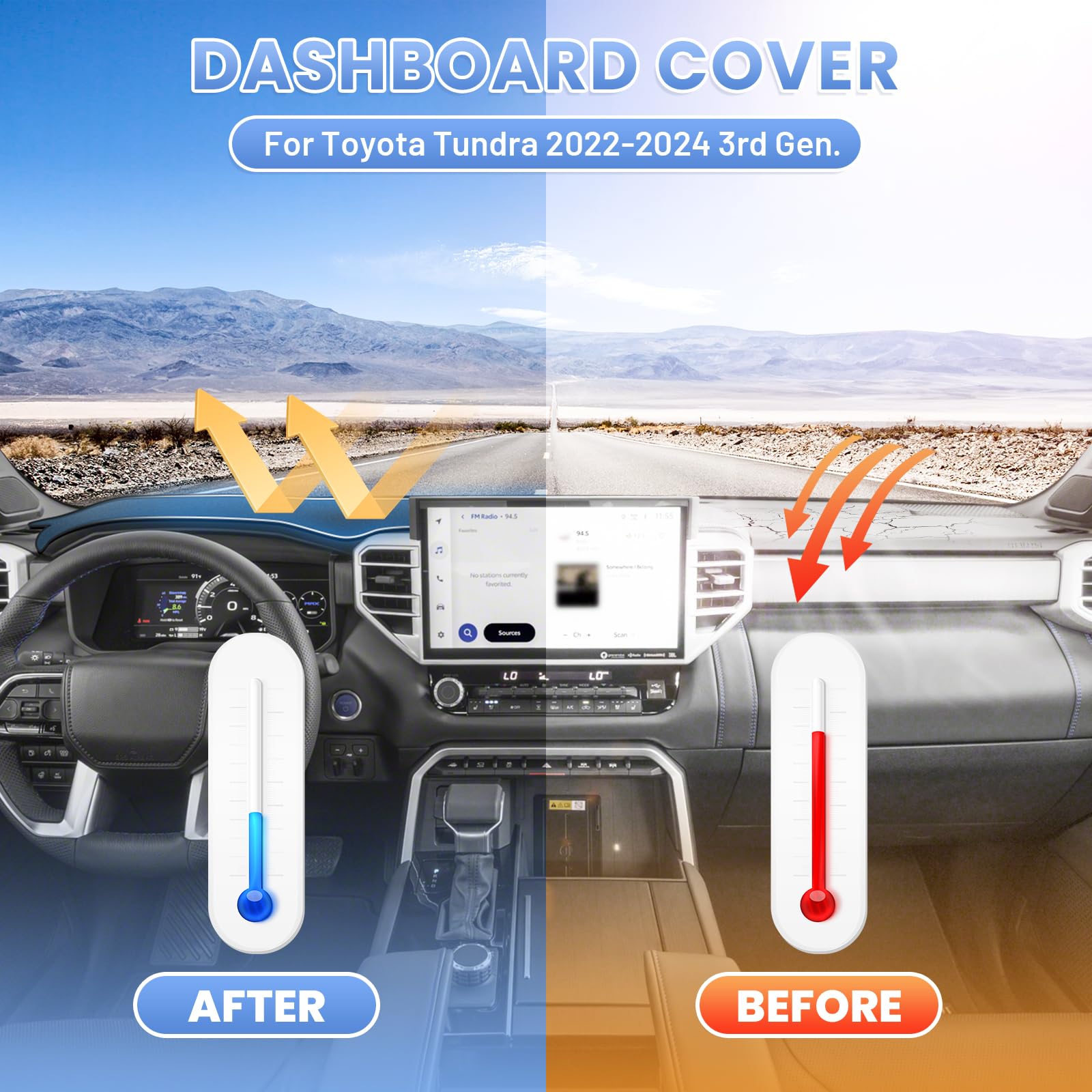 Sunsdrew Suede Dash Cover for 2022-2024 Toyota Tundra, Black, 22-25 Size, Nonslip Mesh Protector, Sun Shade