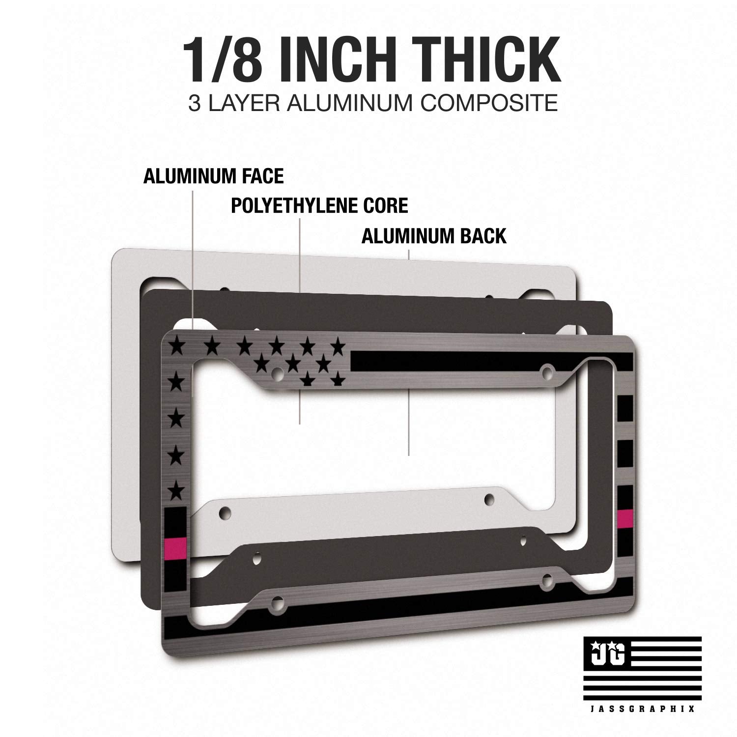 American Flag License Plate Frame - Thin Pink Line- Car Tag Frame -Pink On Brushed Breast Cancer Awareness