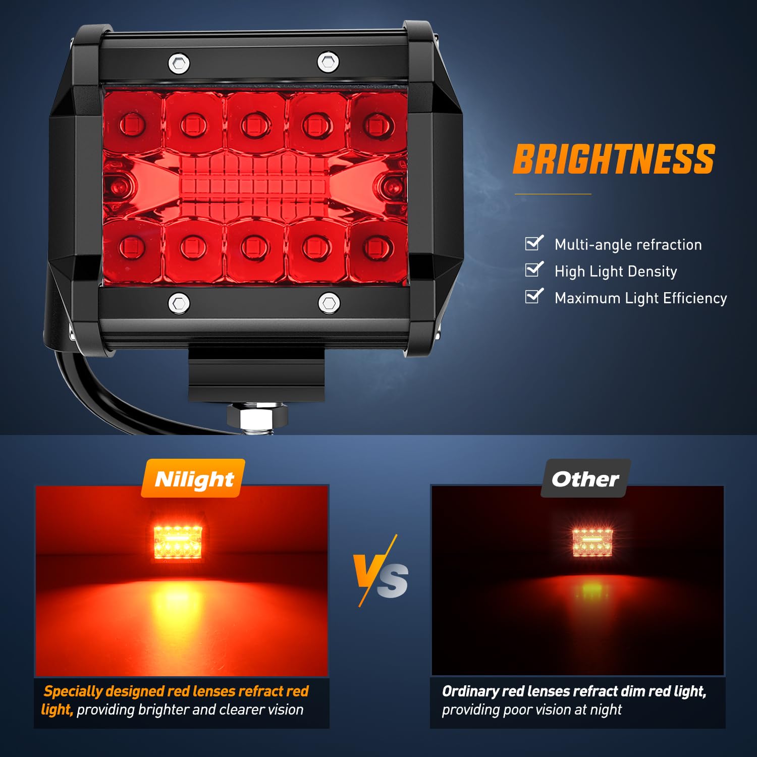 Nilight 4 Inch Led Light Pod Red Triple Row 2Pcs 60W Flood Spot Combo Driving Fog Lights Fishing Hunting Emergency Safety Signal