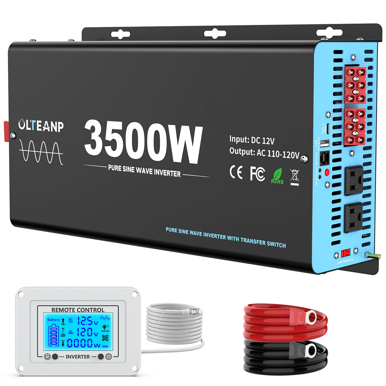 3500W Pure Sine Wave Power Inverter with Transfer Switch, 12V DC to 120V AC Converter, 7000W Peak, Auto Switch to Shore Power, R