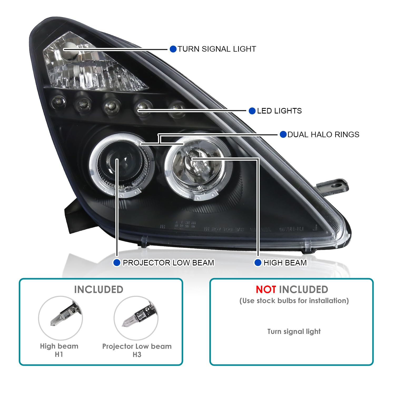 SPEC-D Tuning LED Projector Headlights for 2000-2005 Toyota Celica, Black Housing, Clear Lens, Model LHP-CEL00JM-TM, Left + Right Pair
