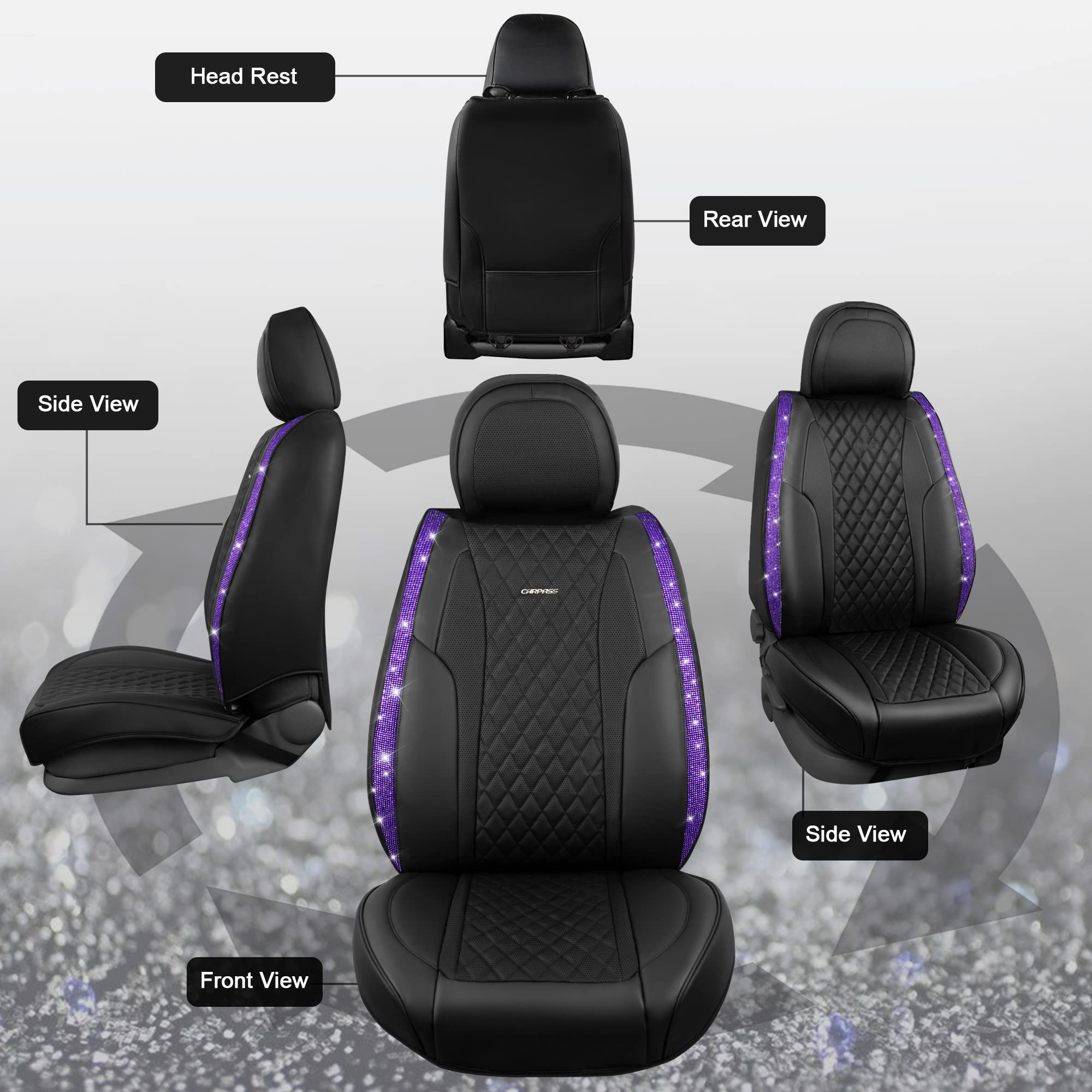 CAR PASS Bling Nappa Leather Car Seat Cover Full Set, Luxury Waterproof, Purple Diamond Rhinestones