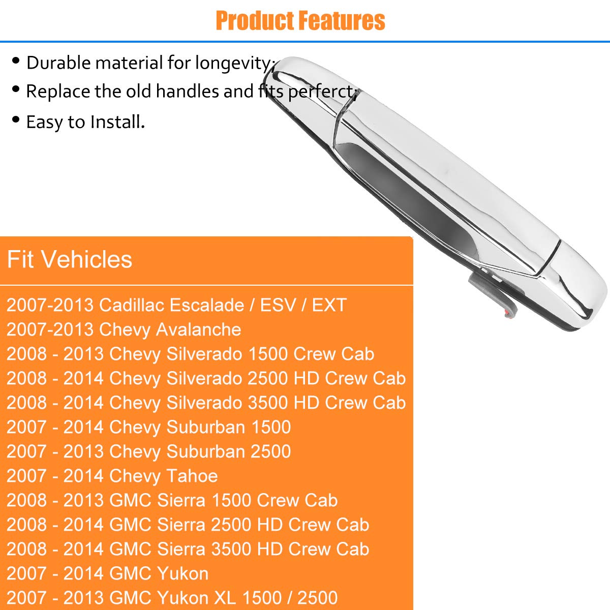 NPAUTO Chrome Front Passenger Door Handle Replacement for Chevy Silverado, Tahoe, GMC Sierra, Cadillac Escalade 2007-2013, Right Side