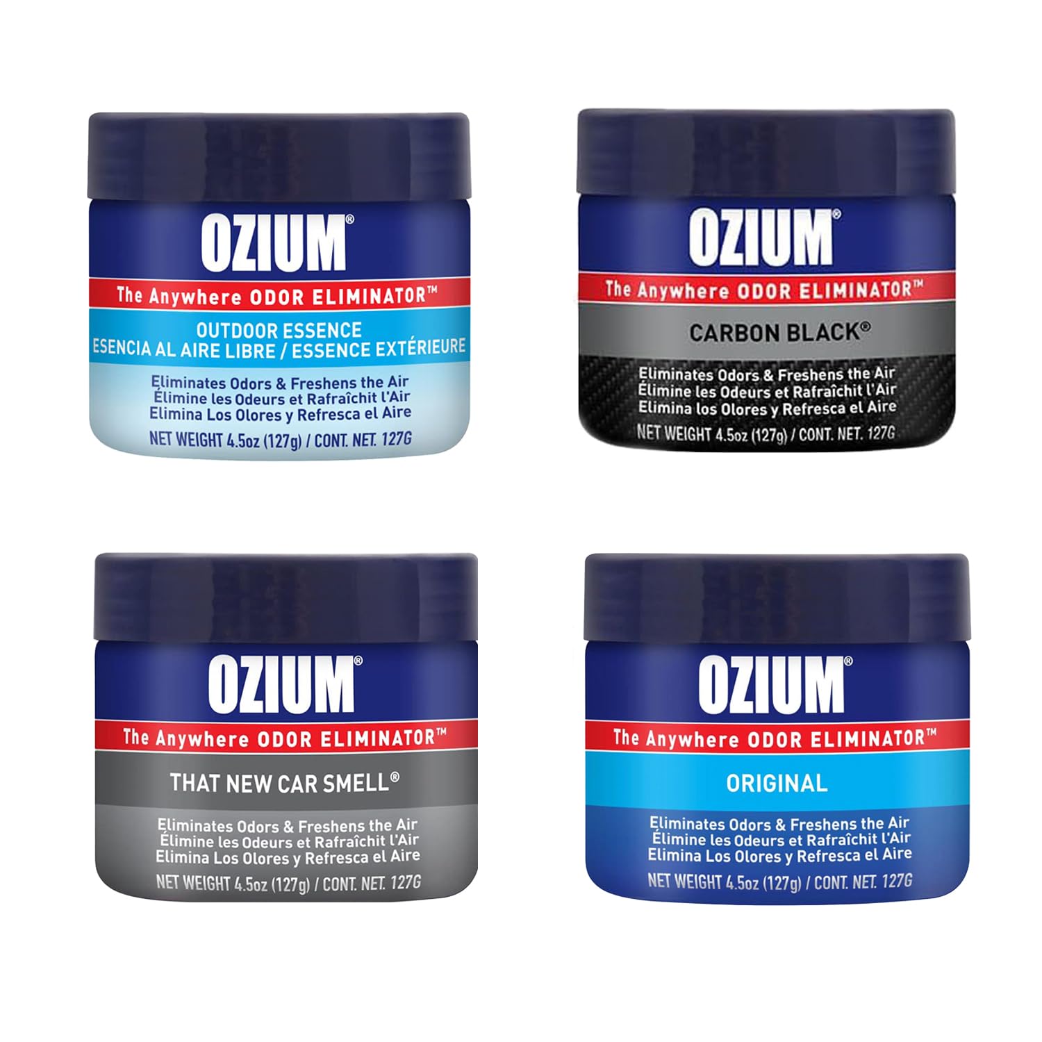 Ozium 4.5 Oz. Odor Eliminating Gel for Homes, Cars, Offices and More (Original + Carbon Black + Outdoor Essence + That New Car S