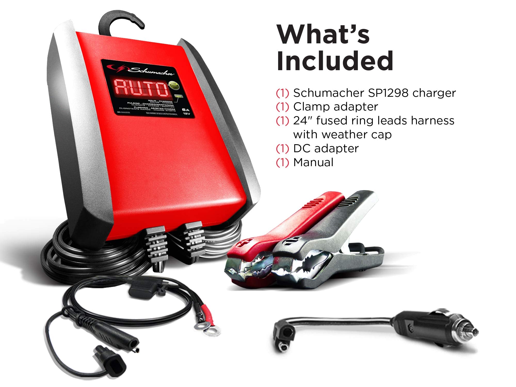 Schumacher SP1298 6 Amp Fully Automatic Battery Charger & Maintainer for Cars, Motorcycles, Lawn Tractors, Marine - Red