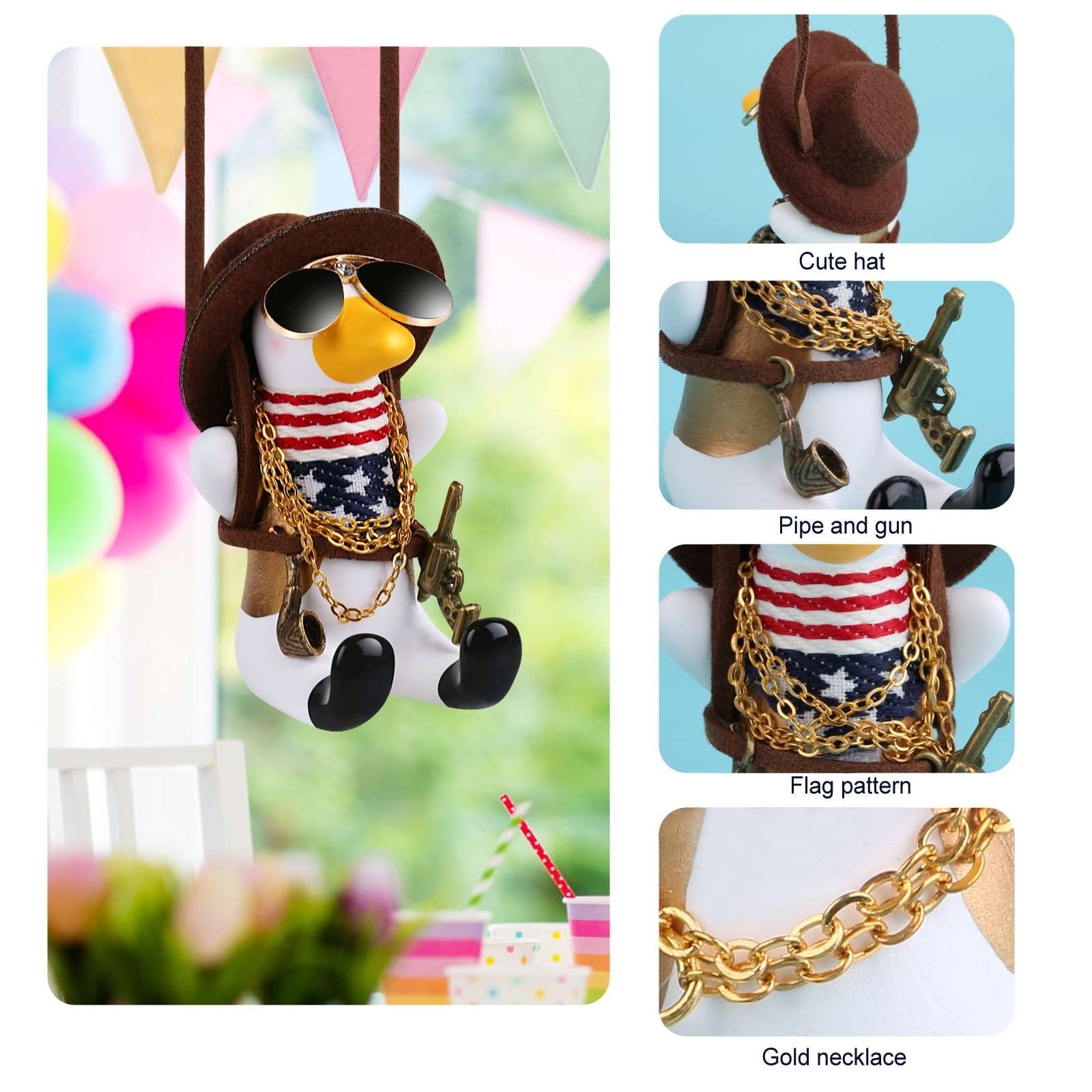 Cool Swinging Duck Car Hanging Ornament,Flying Duck with Sunglasses and Necklace, Cute Car Interior Rear View Mirror Decoration