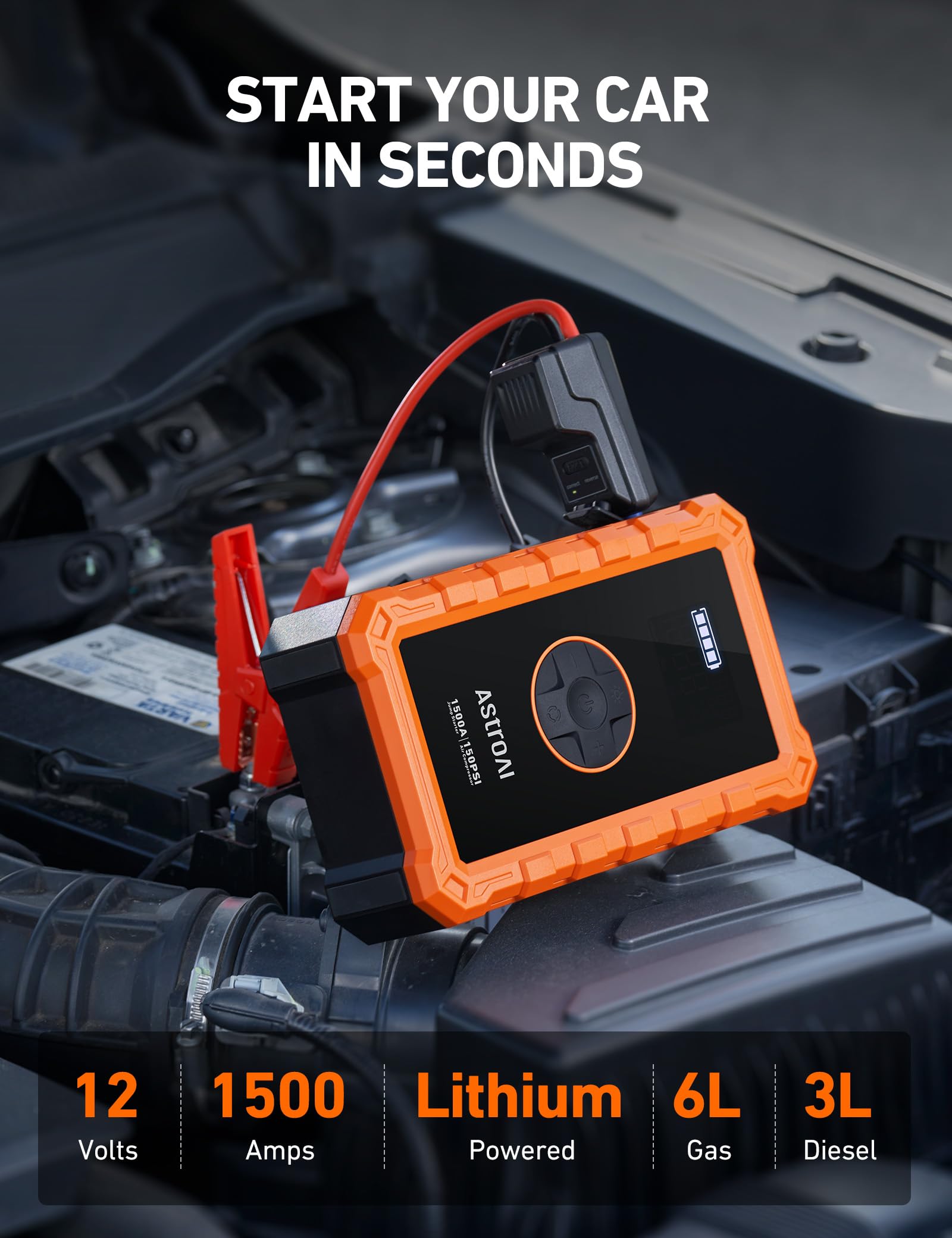 AstroAI S8 Air Jump Starter & Tire Inflator, 3000A Peak, 150PSI, Portable, Large, Orange