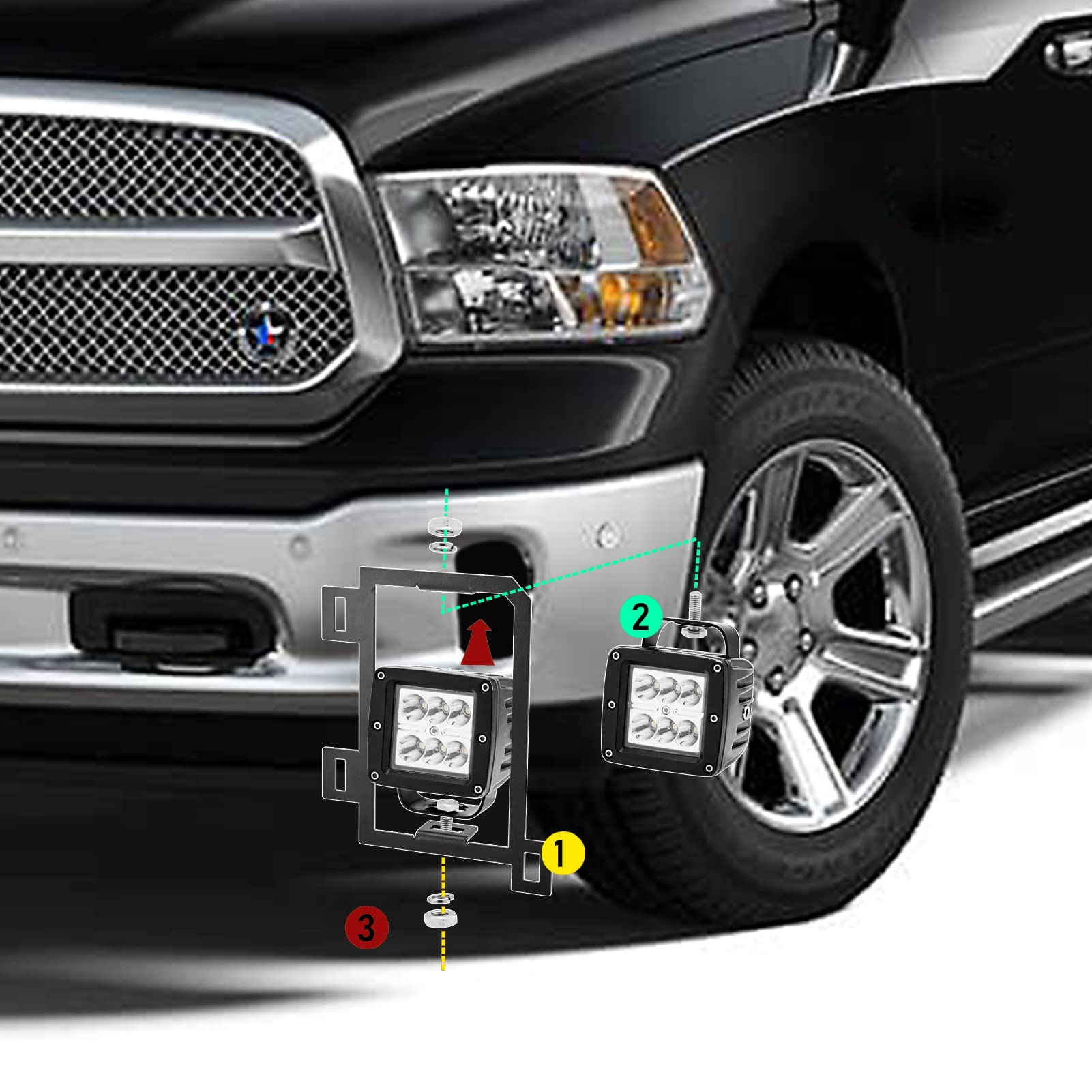 4X 3 inch 24W LED Fog Light Pods with Plug Wiring Kit & Front Lower Hidden Bumper Mounting Bracket Compatible with 2013-2018 Dod