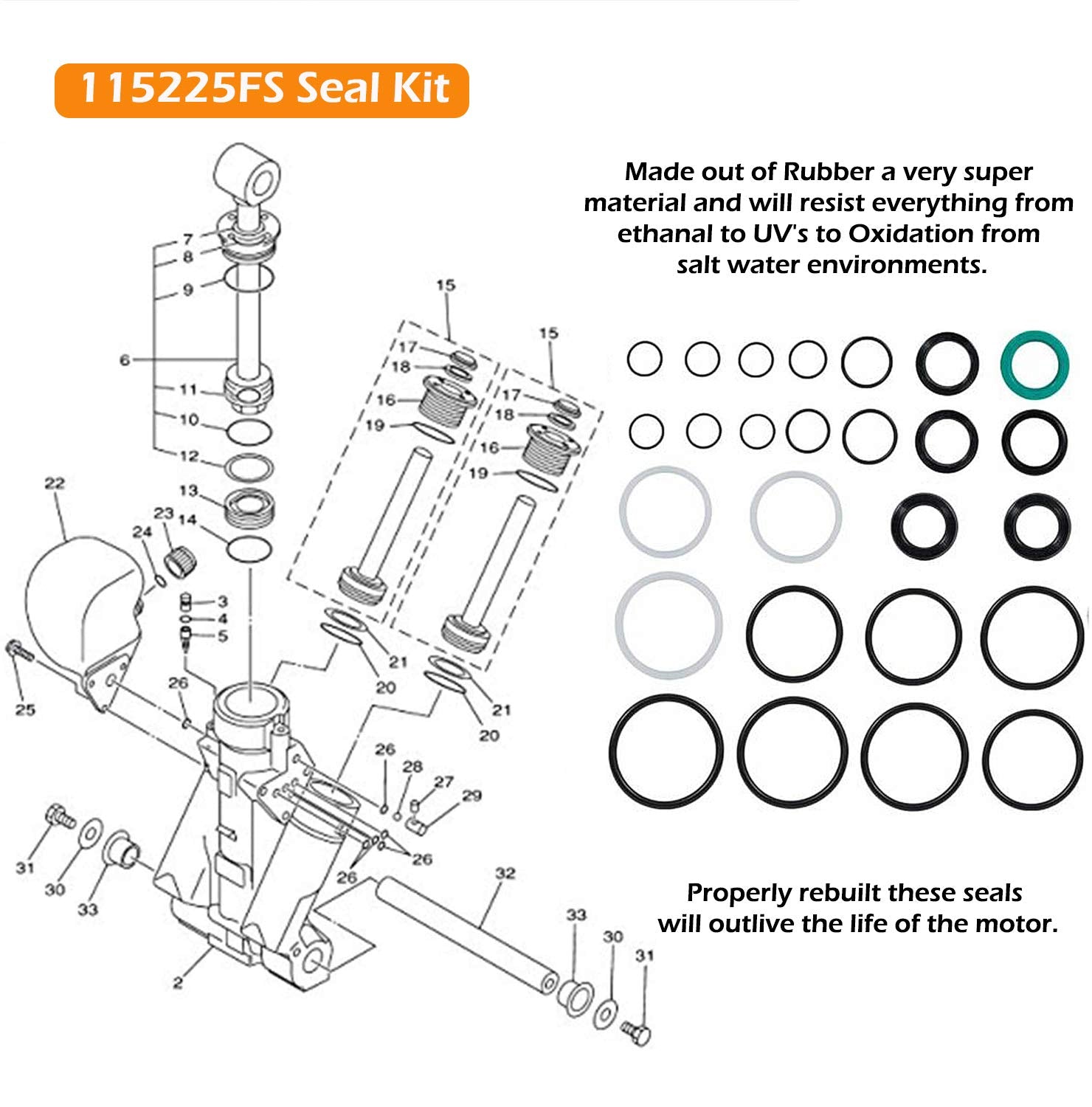 Tilt Trim Seal Kit 1997 & Up 115225Fs Fast Strike Power With More O-Ring For Yamaha Boat Power Units 115Hp 150Hp 175Hp 200Hp (So