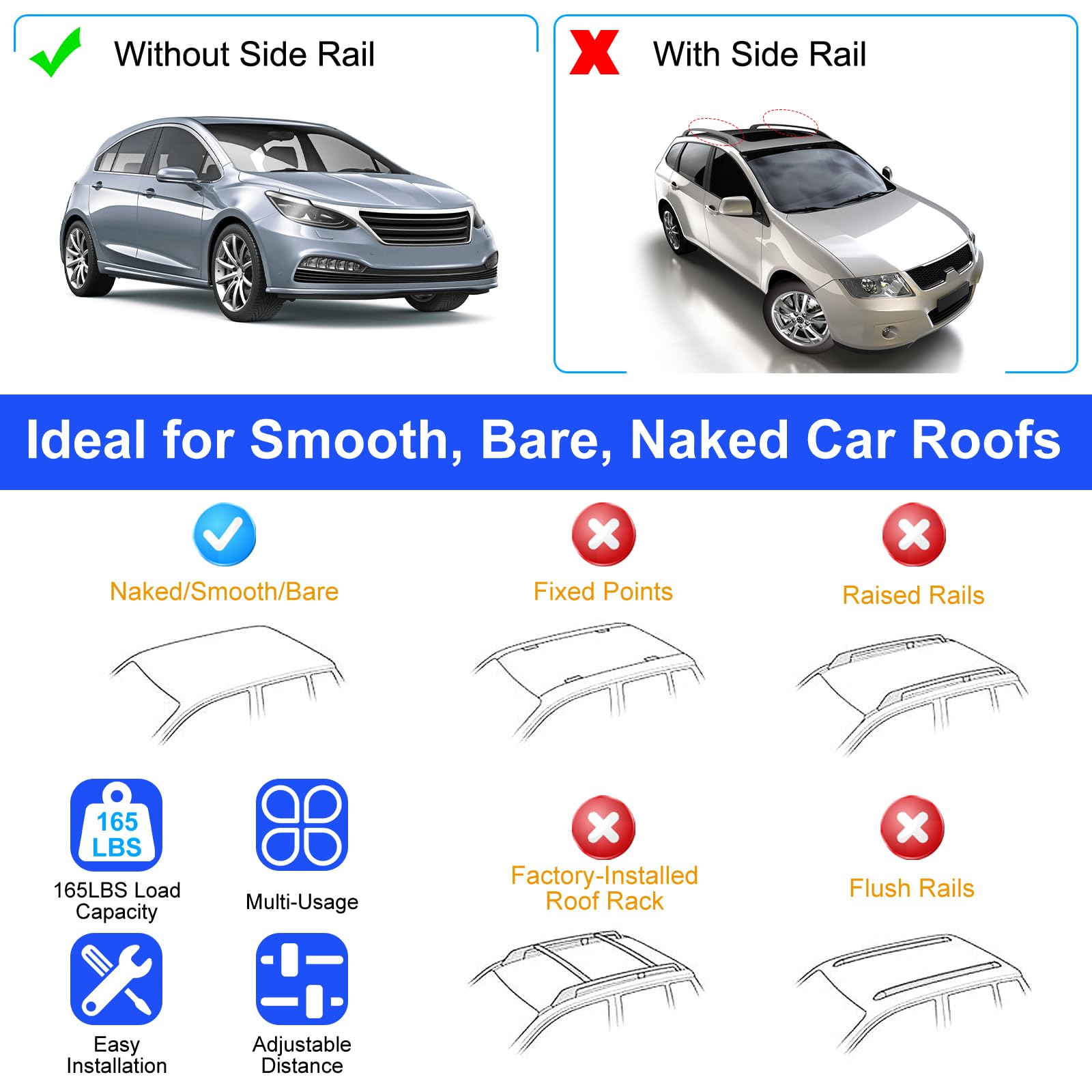 KOCASO 48'' Roof Rack Cross Bars Cargo Carrier Adjustable Roof Top Crossbars Universal Aluminum Crossbar Rack w/ 165LBS, Luggage