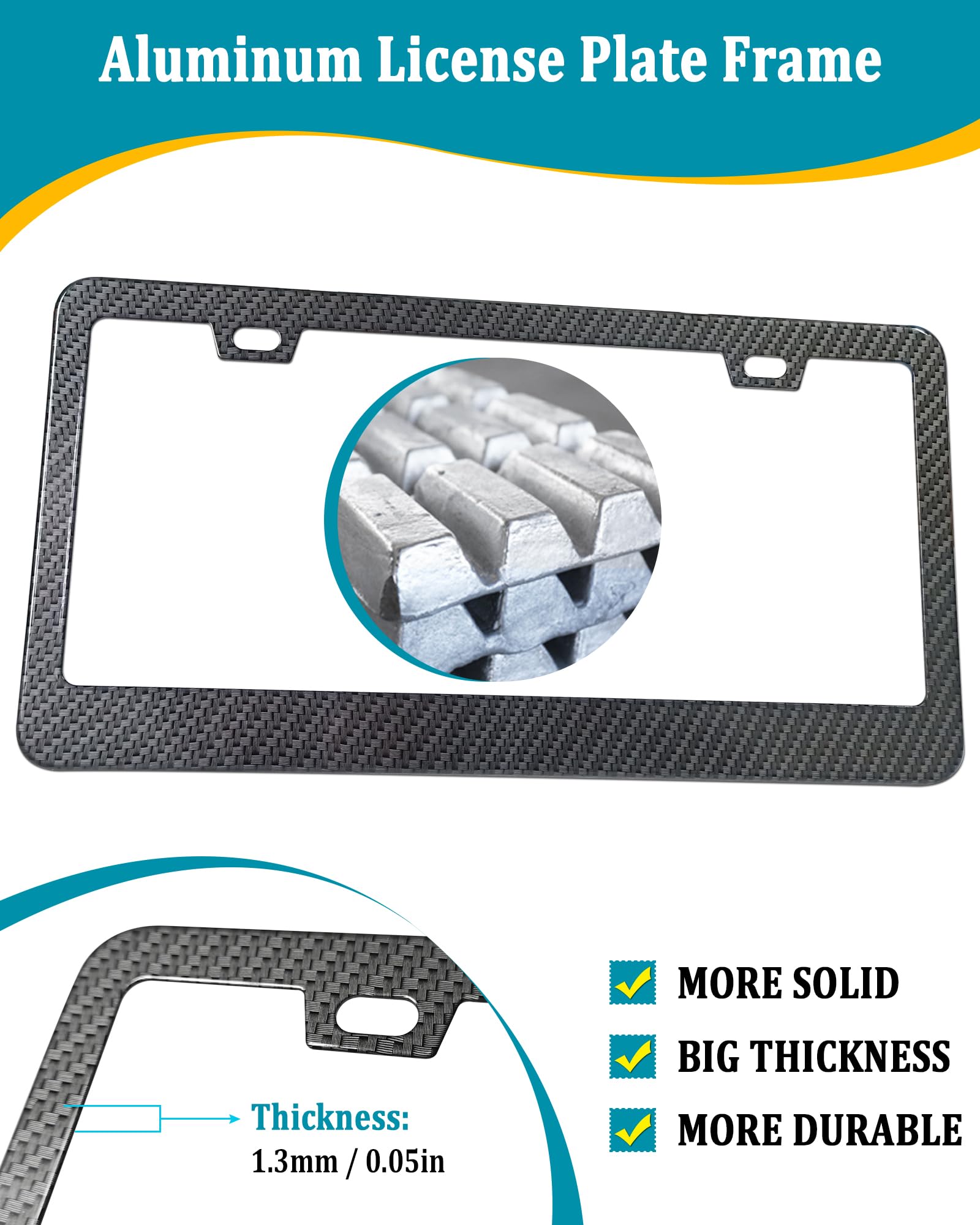Aootf Carbon Fiber License Plate Frames - 2 Pack Black Aluminum 2 Holes Front & Rear Car Tag Cover Holder With Stainless Steel Screws, Caps And 2Pcs Anti-Rattle Foam Pads