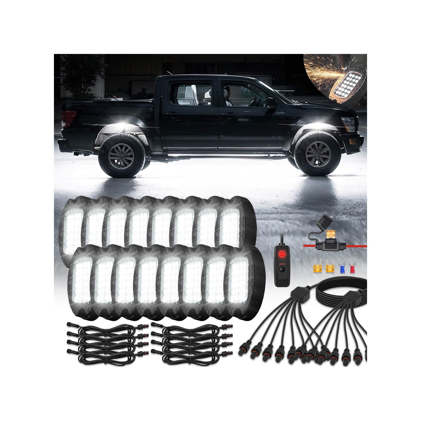 16Pods Metal All Pure White LED Rock Lights Full Kit Plug and Play&Pre Wired 6500K with Switch Wiring Harness Extension Fuse, 38