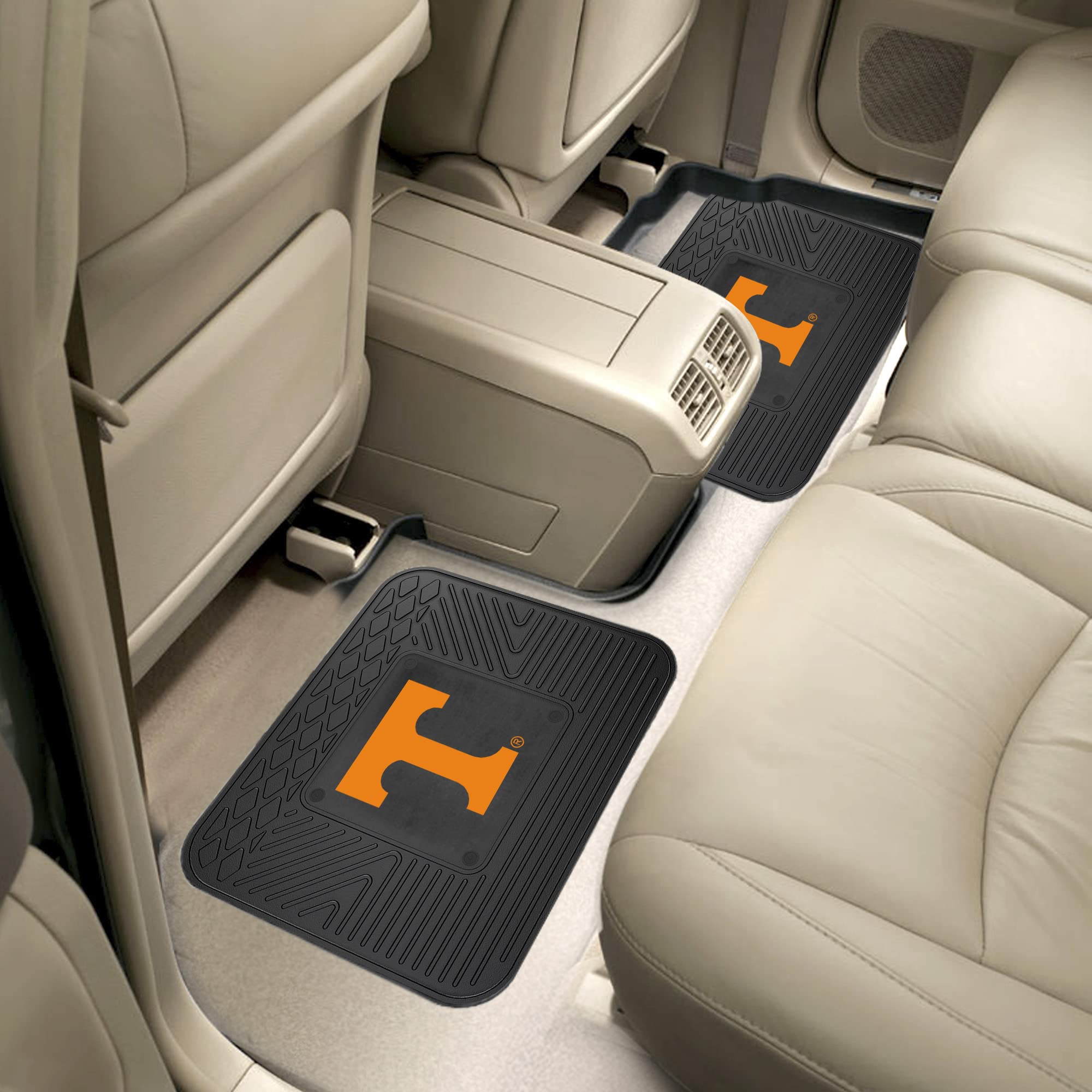 FANMATS Vinyl Car Mat Set - 4-Pc Universal Size, Black, Model 39384, Front & Rear - University of Tennessee Primary Logo