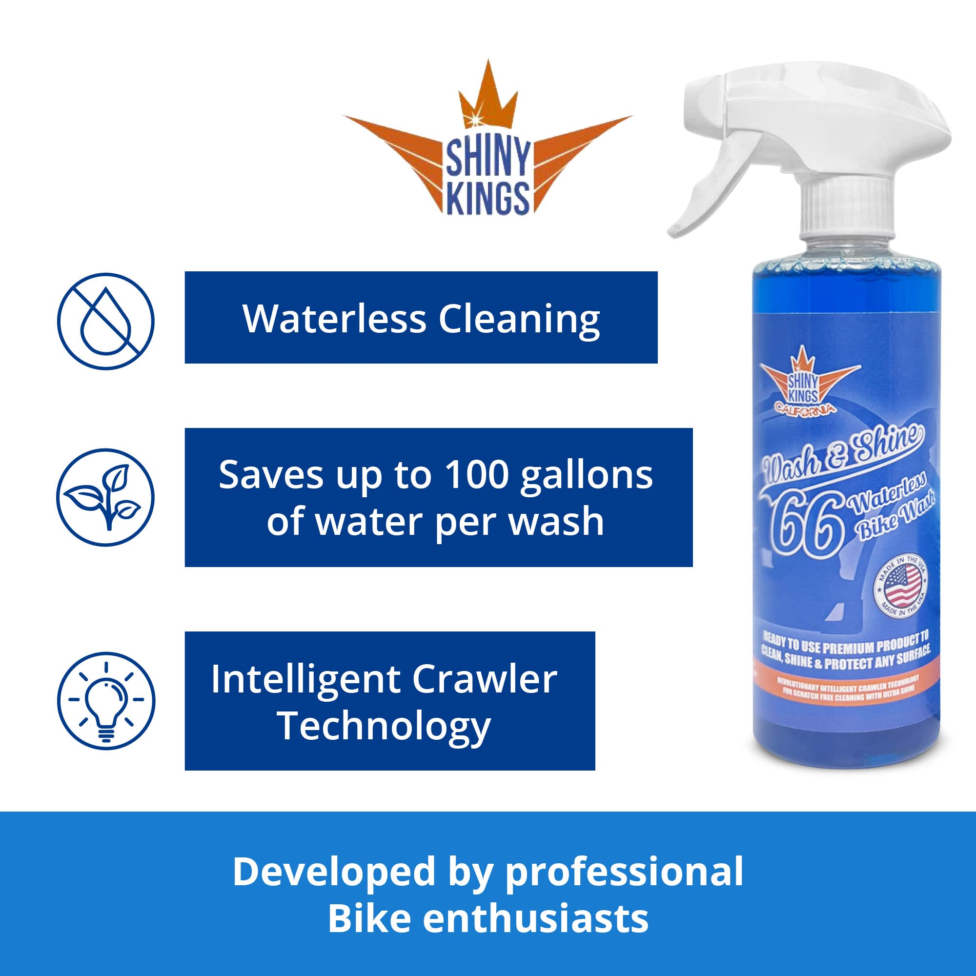 Shinykings Waterless Motorcycle Cleaner | Ultra Shine Detailing Spray | 16 fl. oz | Made in USA | Clear