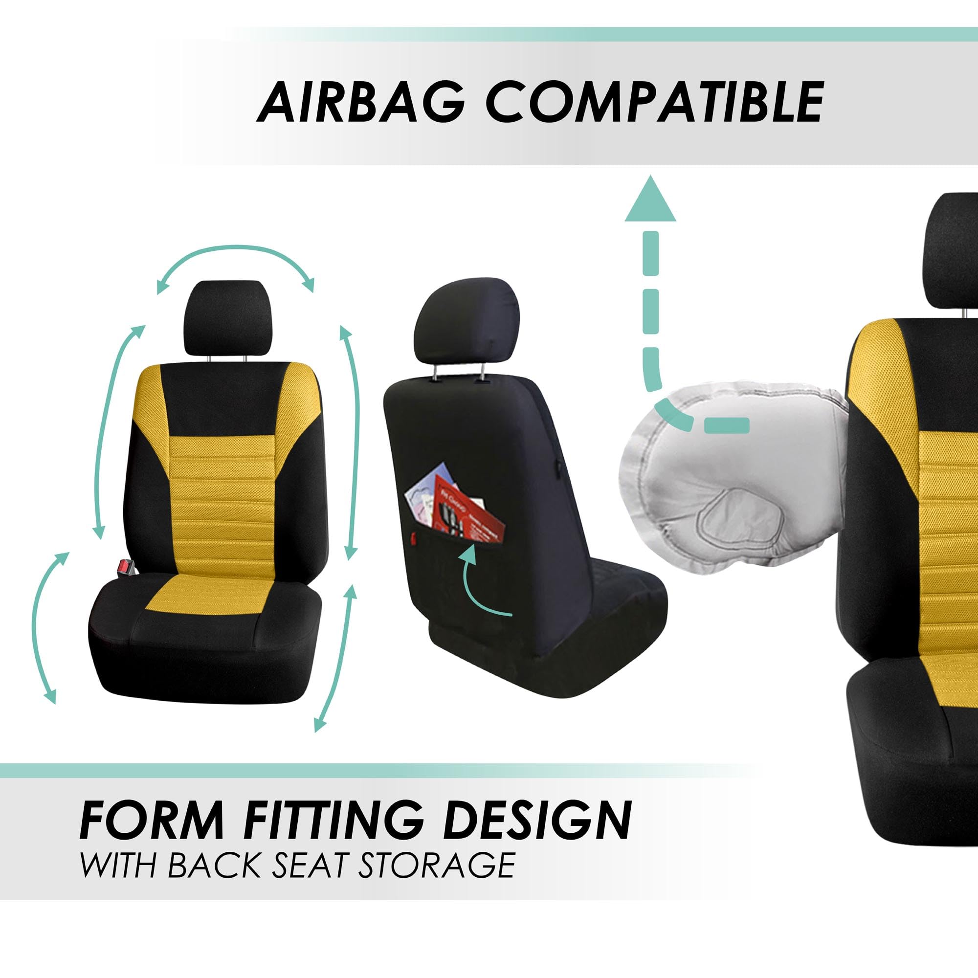 Fh Group Automotive Car Seat Covers Full Set Premium 3D Air Mesh Yellow And Black, Airbag Compatible And Split Bench Cover Unive