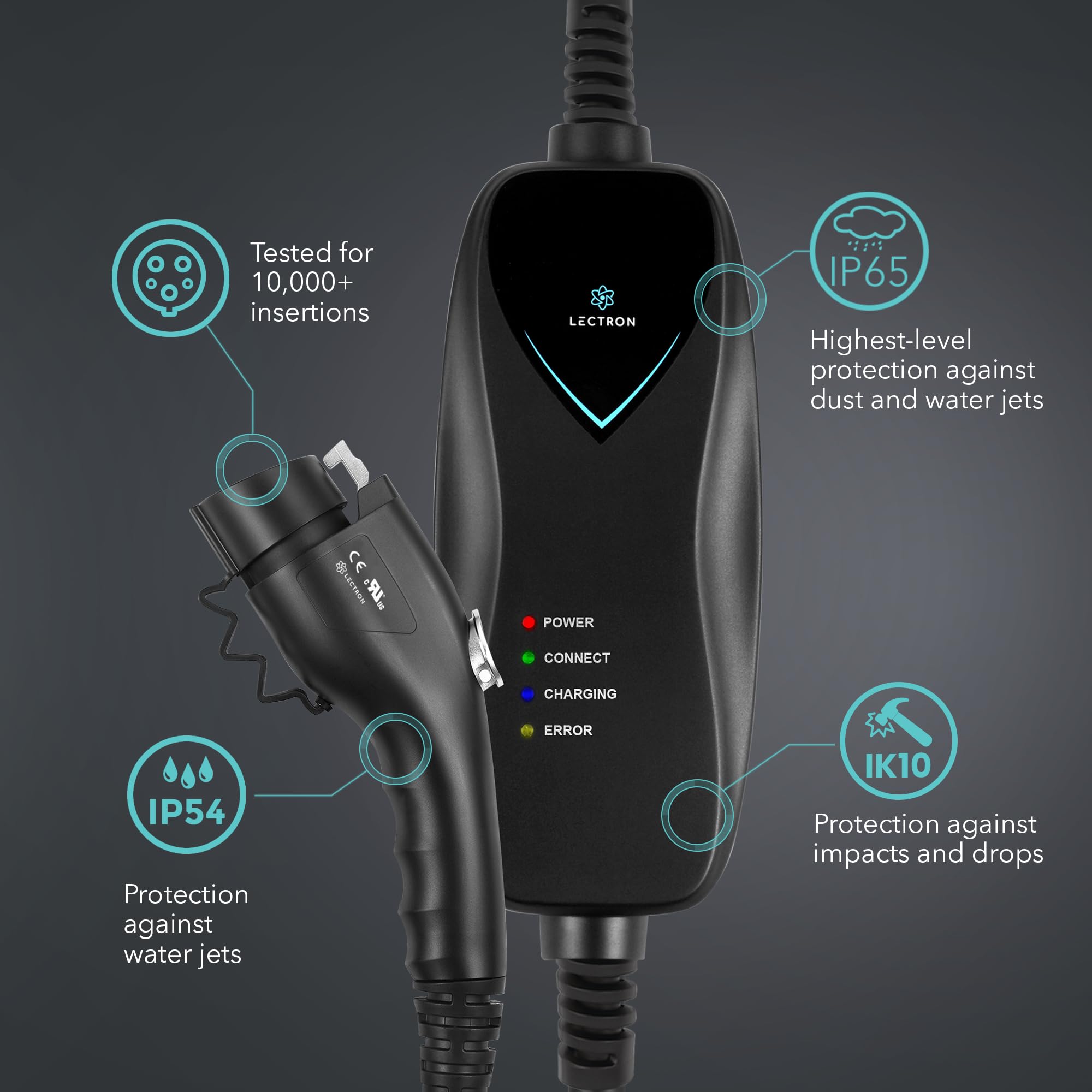 Lectron Level 1 Ev Charger - Etl Certified, 110V, 15 Amp, 16 Ft Extension Cord & J1772 Cable - Portable Electric Car Charger For