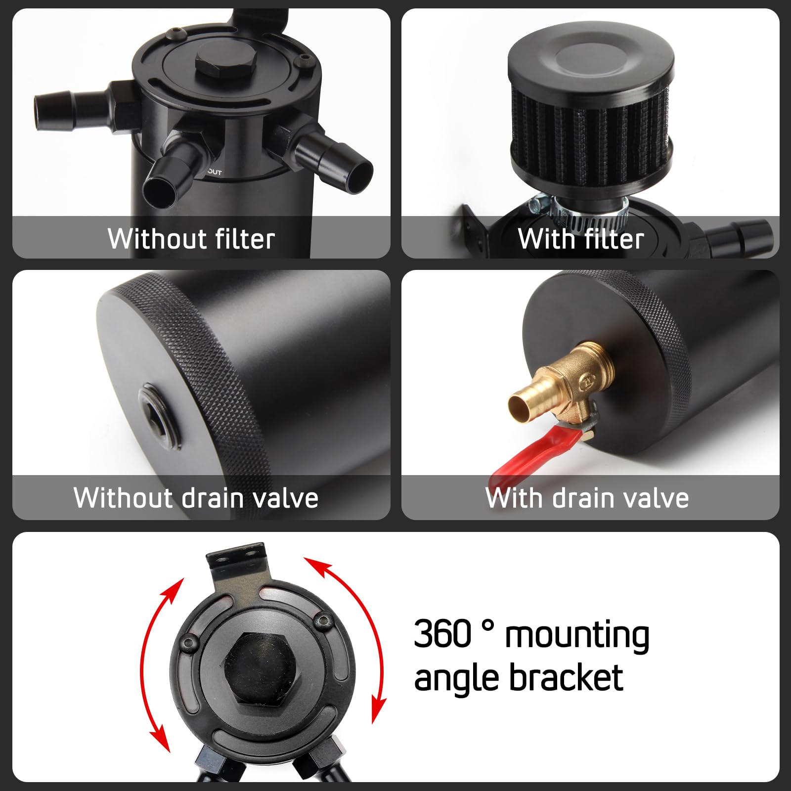WENJTP 150ml Car Oil Catch Can Kit - Compact 3-Port Oil Separator, Black Aluminum with Breather Filter & Drain Valve, Model M2/OCC002-3-BK
