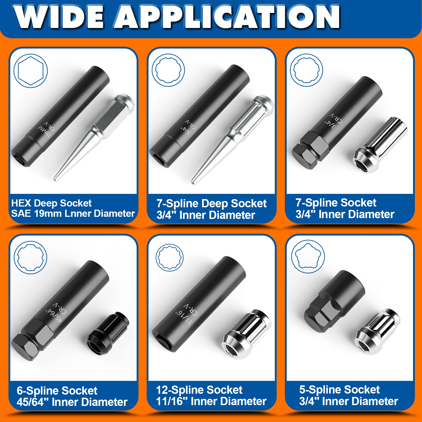 Dynofit 8-Piece Lug Nut Key Kit, 5/6/7/12 Spline, Cr-V Steel, 1/2" Drive, Black - Fits Aftermarket Rims
