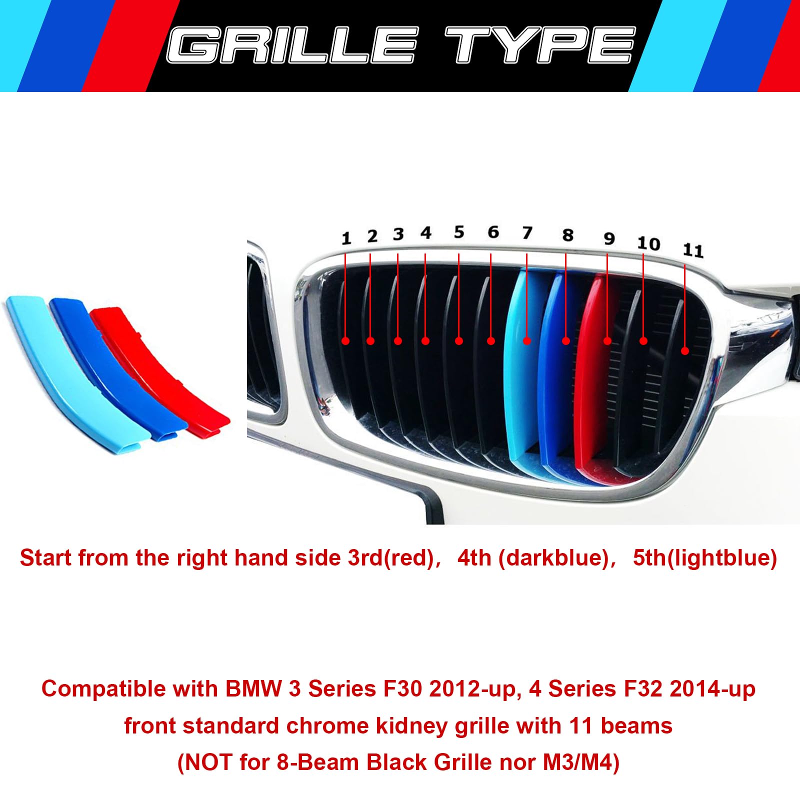 Xotic Tech M-Colored Tri Grille Insert Trims for BMW 3 F30 4 Series F32 435i, ABS Plastic, Front Center Kidney Grilles, 11 Beam Bars