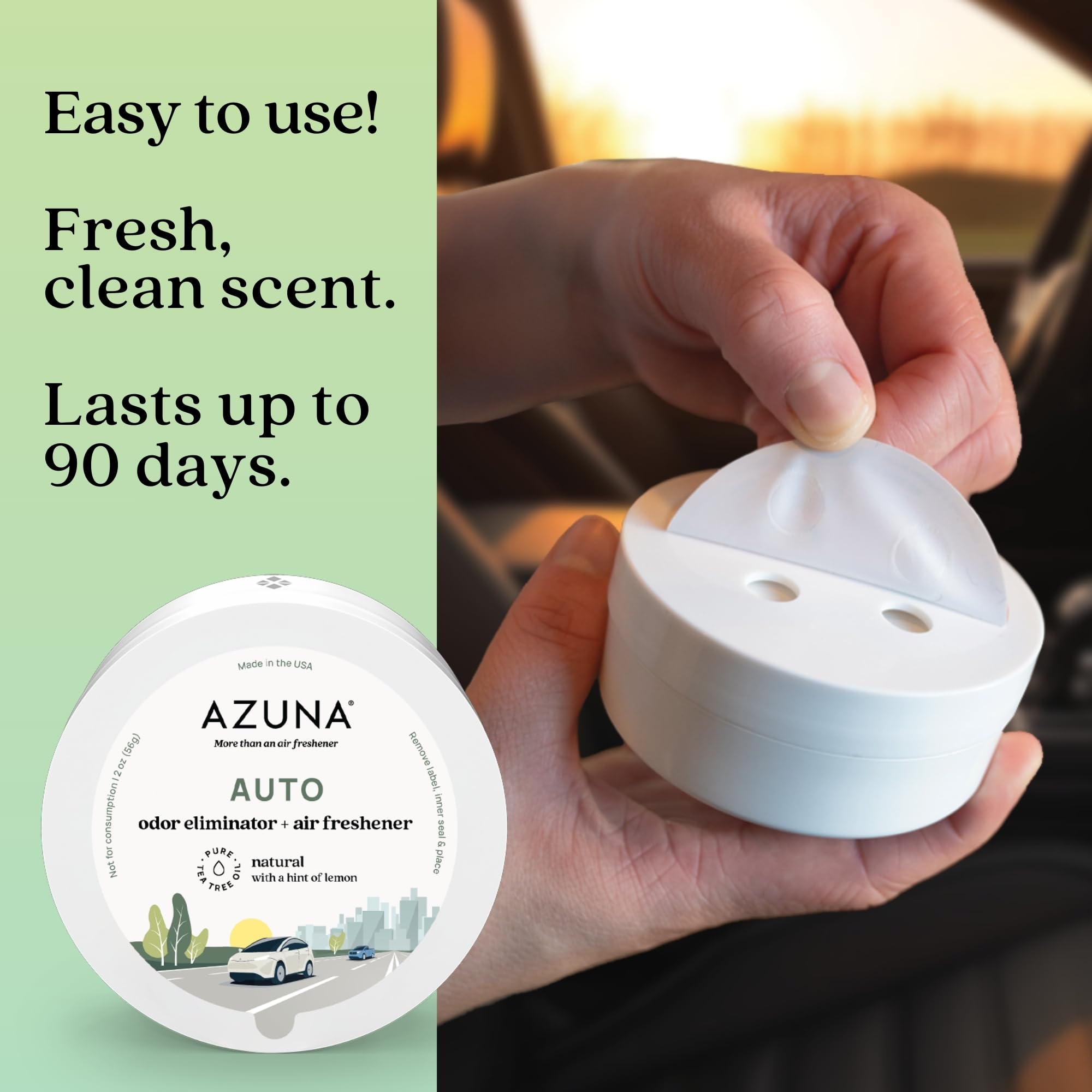 Azuna Auto Air Freshener & Odor Eliminator Gel, 2 oz. Pod with Tea Tree Oil, 2 Pack, Slow-Release Freshener Works 24/7 for 60-90