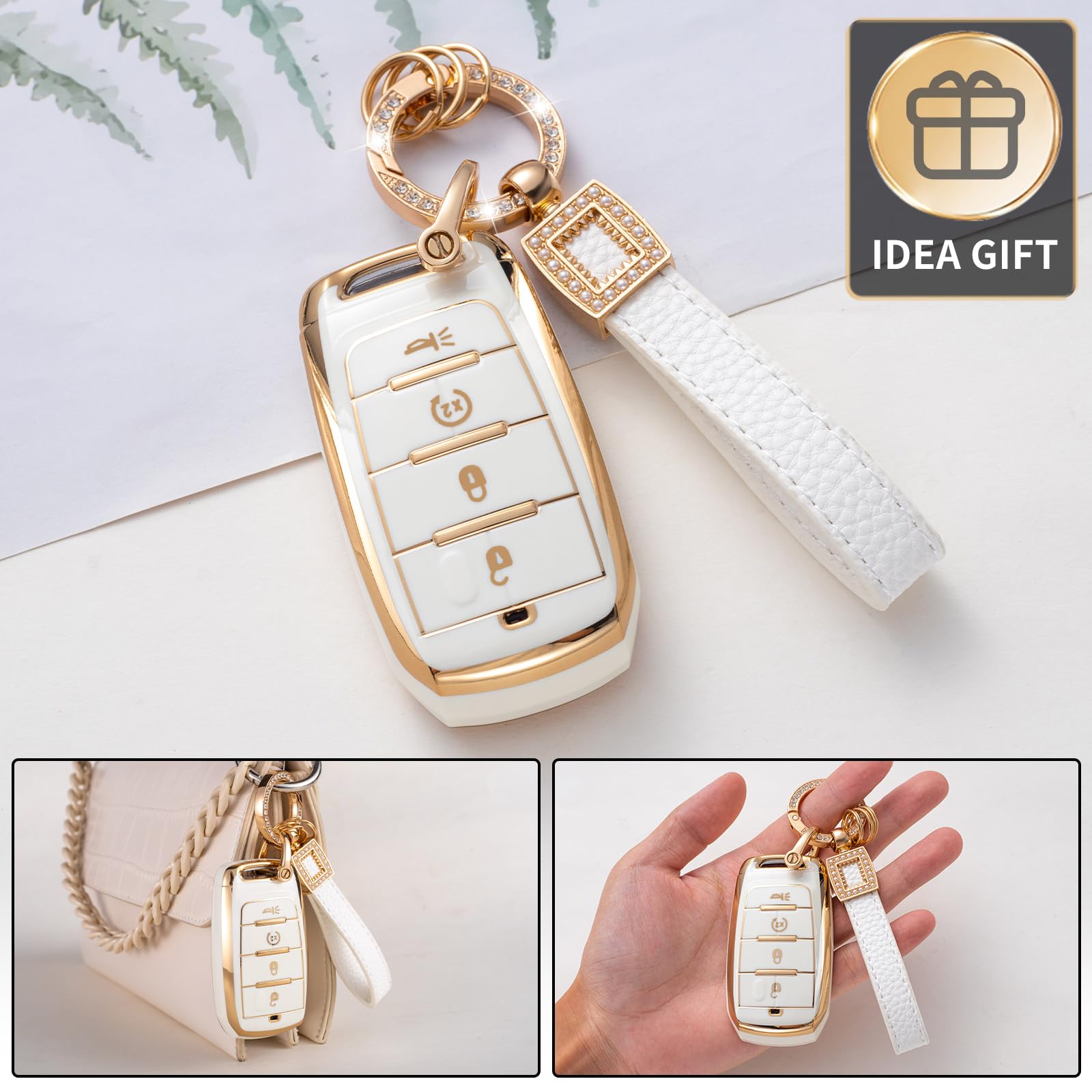 CACARLIKE Car Key Fob Cover with Leather Lanyard, Compatible with 2019-2023 Dodge RAM 1500-5500, White+Gold, 4 Button Protector