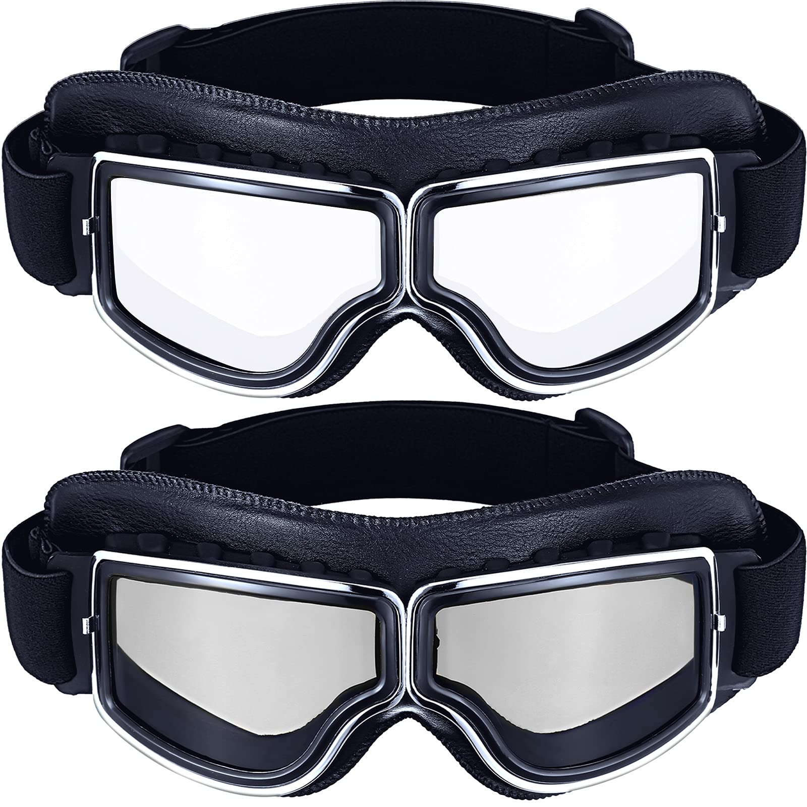 Frienda 2 Pieces Motorcycle Goggles Vintage Pilot Riding Dirt Bike Goggle Atv Anti-Scratch Dustproof Windproof (Clear, Silver)