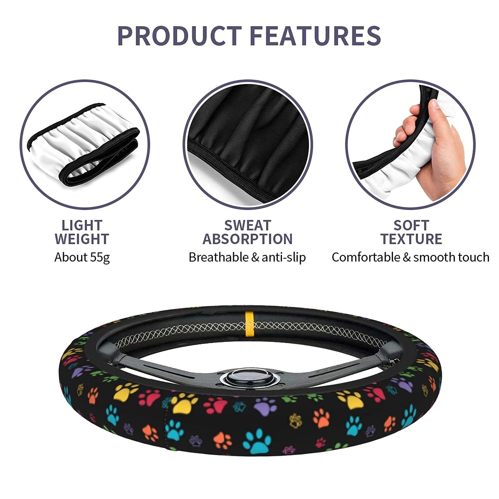KUOAICY Dog Paw Print Steering Wheel Cover, 15" Non-Slip Neoprene Protector, Black15, One Size, Universal Fit for Men, Women, Teens
