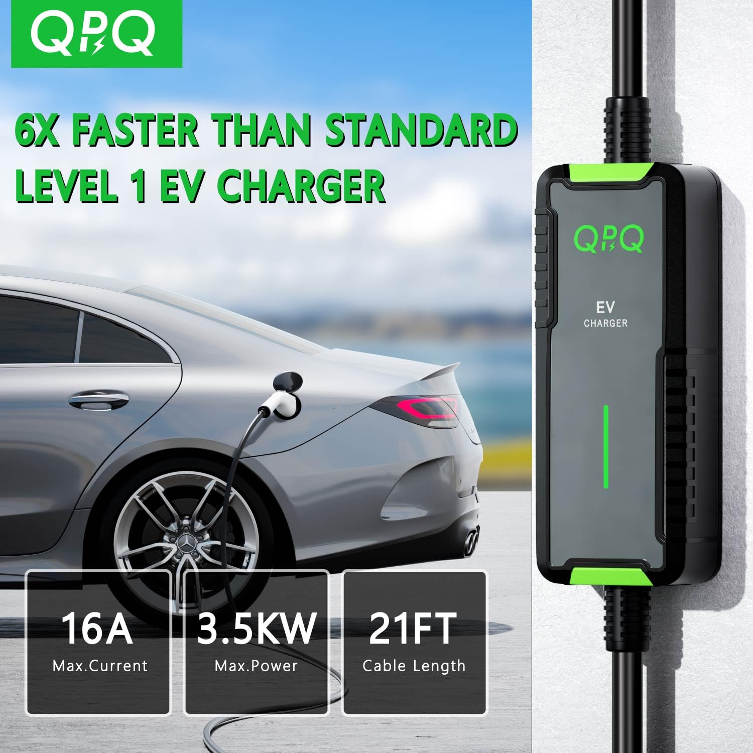 Qpq Level 1-2 Ev Charger, 16 Amp 110-240V Portable Electric Car Charger, Electric Vehicle Charging Stations With Nema 6-20 Plug