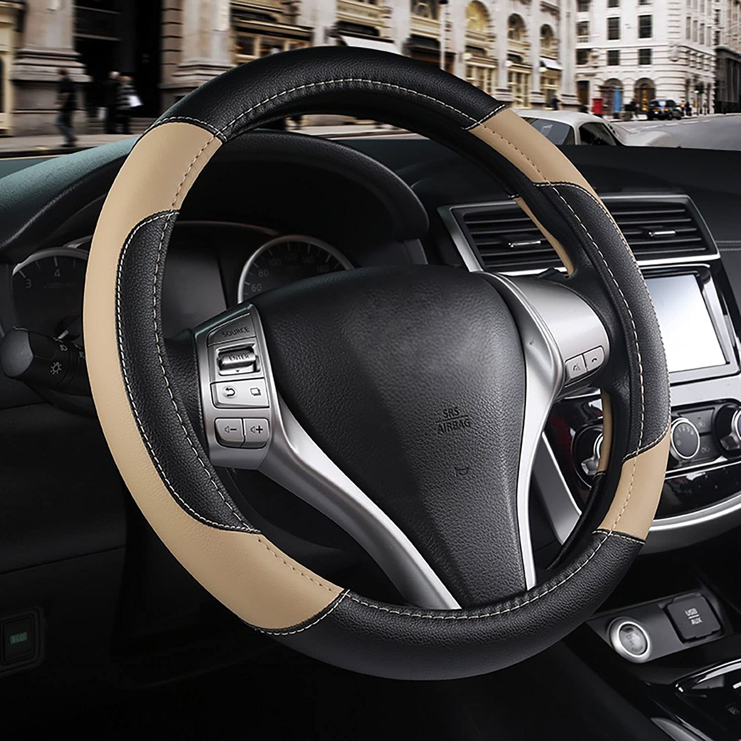 Leather Car Steering Wheel Cover, Non-Slip Car Wheel Cover Protector Breathable Microfiber Leather Universal Fit For Most Cars(Beige)