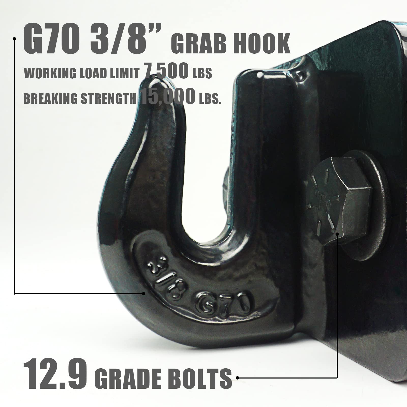 AYMMIC 3/8'' Grab Hooks, Forged Steel Bolts, 15,000lbs Break Strength, Loader & Tractor Bucket 2 Pack (Black)