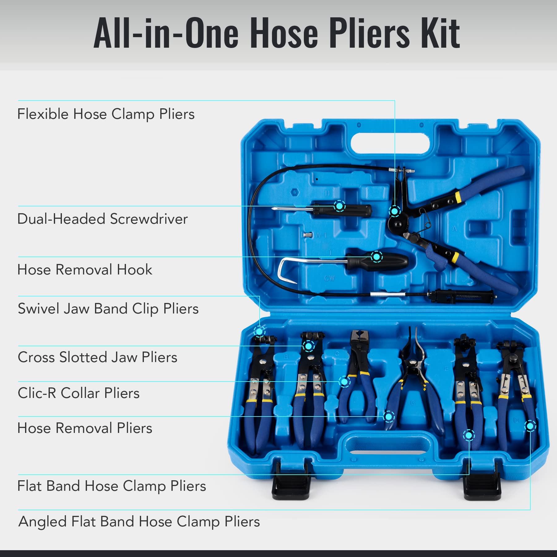 Orion Motor Tech 9pcs Hose Clamp Pliers Kit, Alloy Steel, Long Reach, Blue, Model FBA-GSQ0009