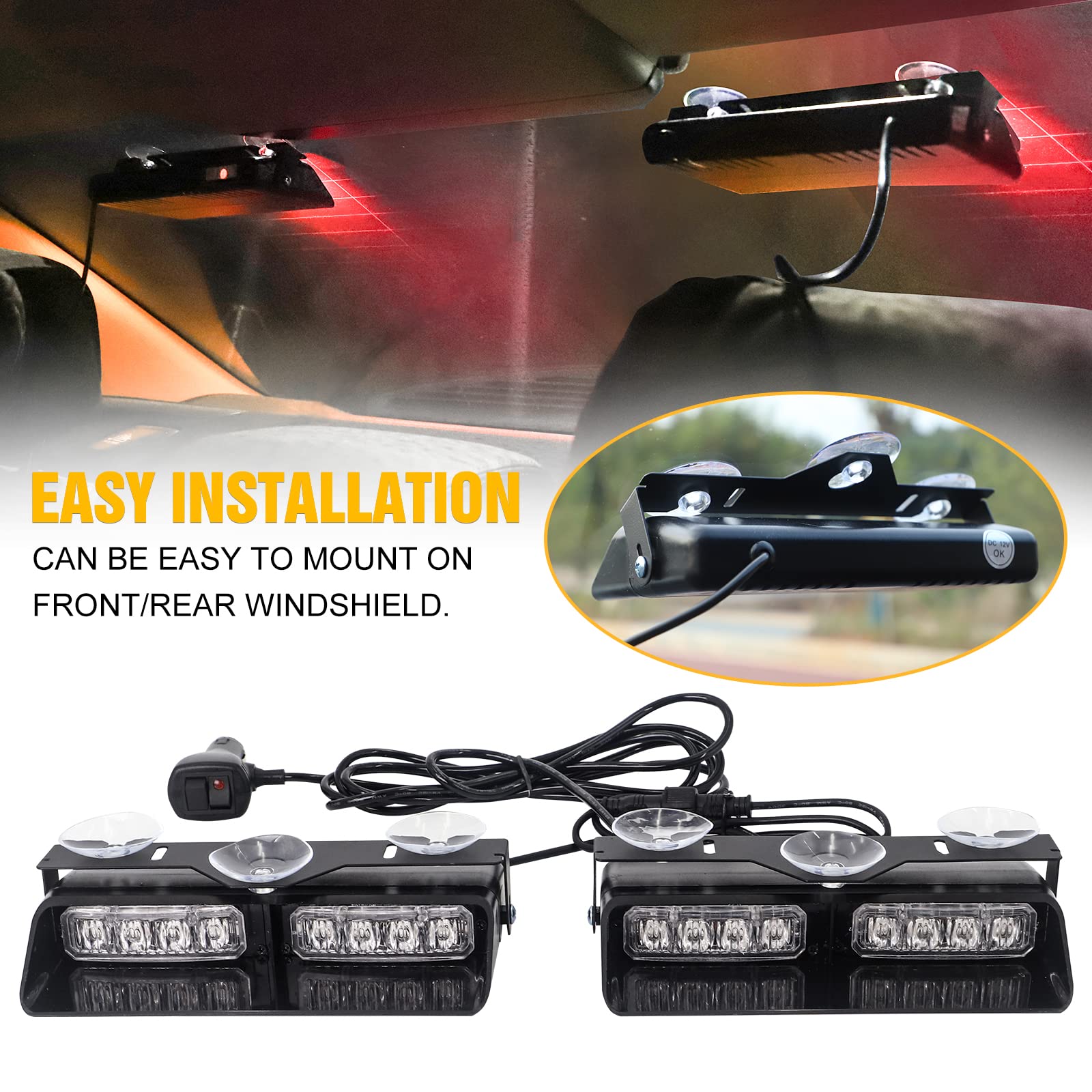 Xridonsen 2 In 1 Dash Emergency Strobe Lights Interior Windshield Lights Red Amber Warning Safety Flash Law Enforcement W/Suction Cups For Volunteer Police Vehicles, Trucks (2×7.16 Inch, 16 Led)