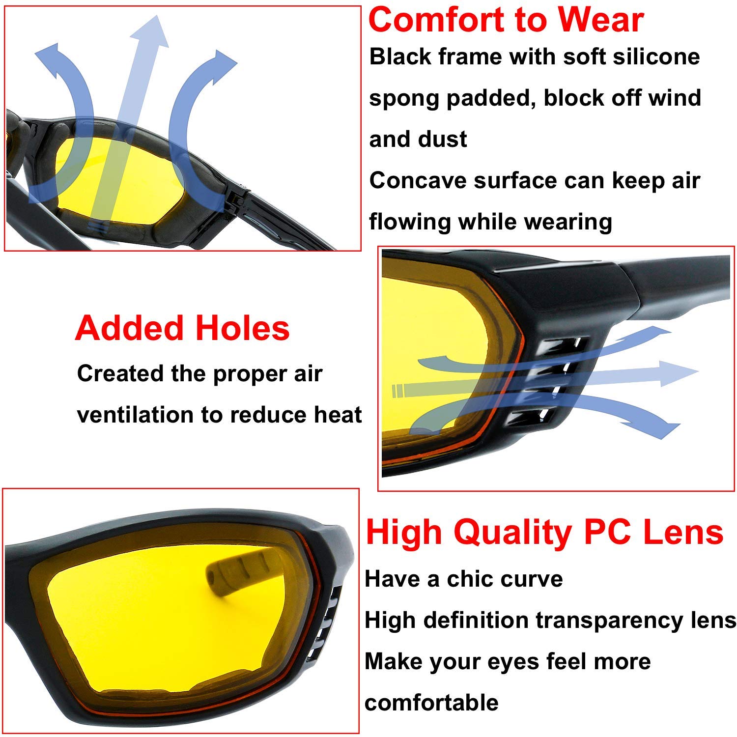 The Fresh Motorcycle Riding Glasses Padded Frame Lens Block 100% Uvb For Outdoor Activity Sport (24M-Matte Black, Clear, Grey, &