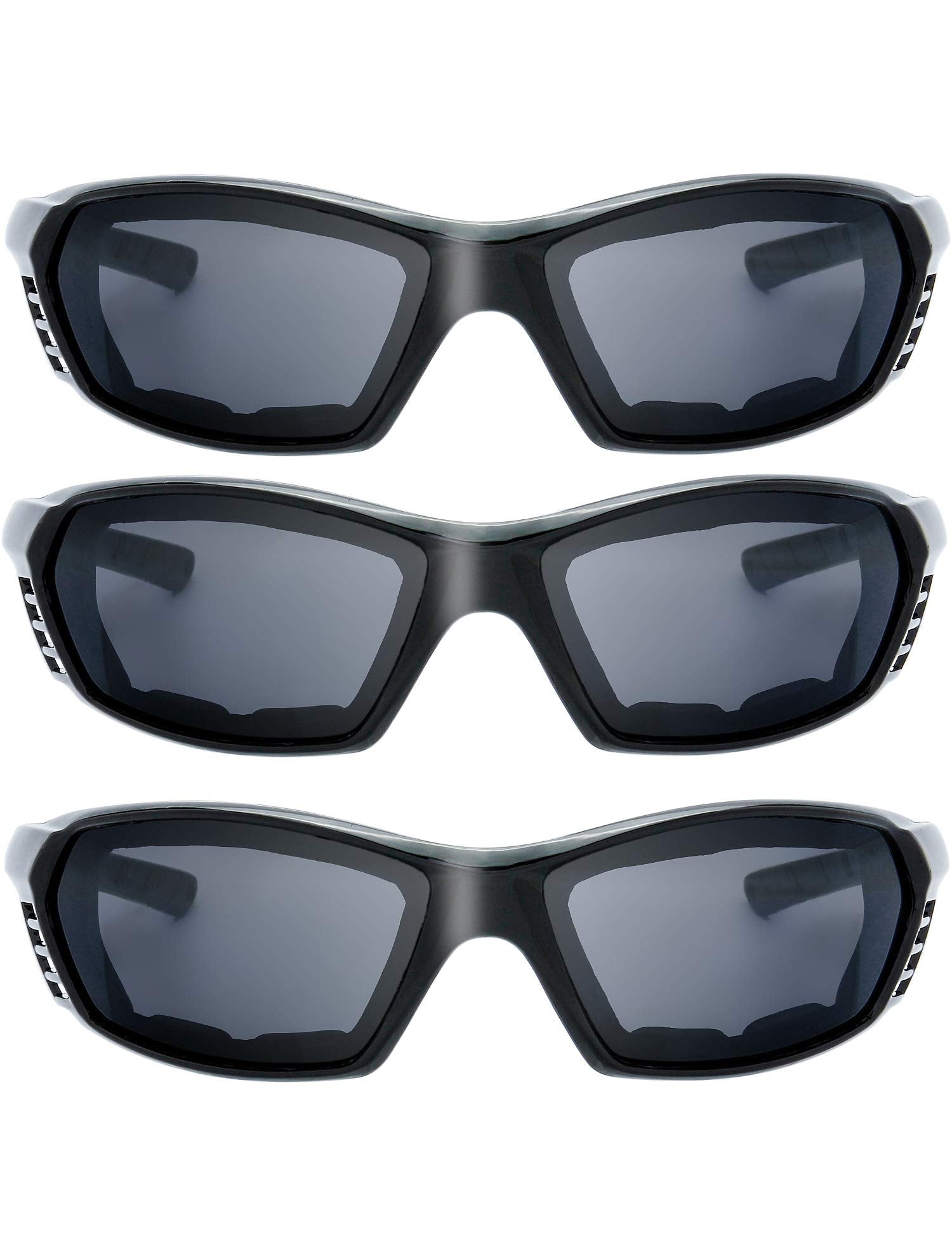 The Fresh Motorcycle Riding Glasses Padded Frame Lens Block 100% Uvb For Outdoor Activity Sport (21-Black, 3 Pairs Of Grey)