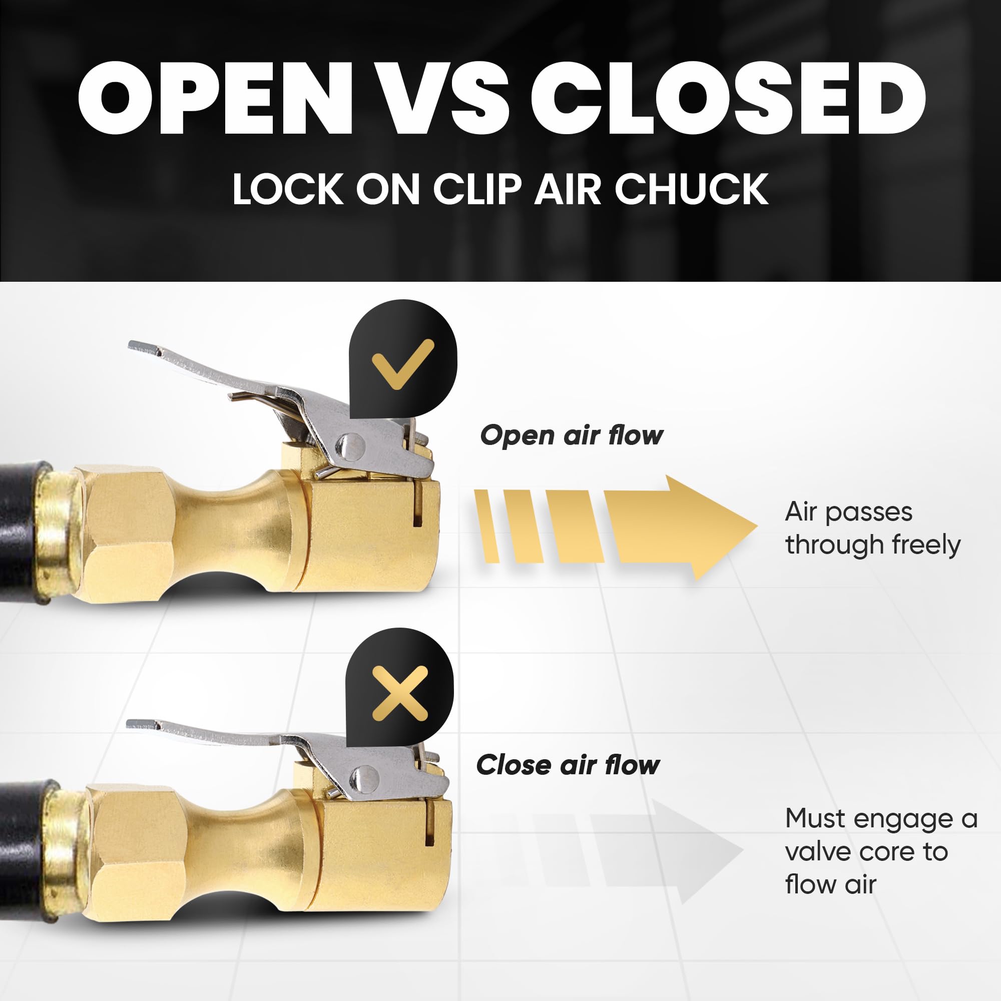 Air Chuck, Closed Flow Heavy-Duty Locking Tire Air Chuck, With Quick Connect, Solid Brass, 1/4 Inch Female Npt Thread, 250 Psi, Fits Most Air Hose, Air Inflators, - 2 In A Pack