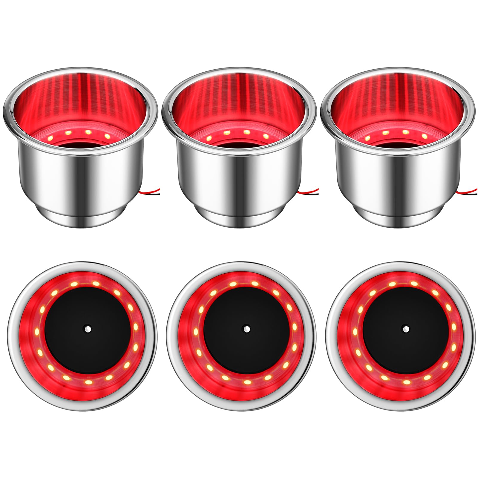 Yexiya 6 Pcs LED Cup Holder Marine Drink Holder Stainless Steel Cup Holders Insert with Drain for Boat Yacht Car Camper Truck RV