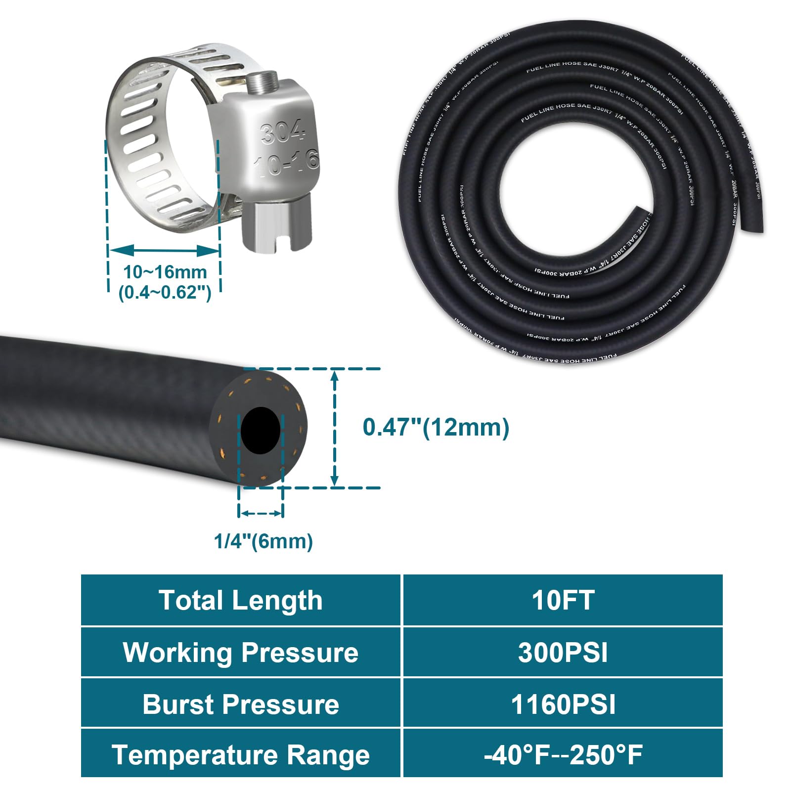 Vwtni 1/4 Fuel Line, Fuel Line Hose 10 Feet, Nbr Rubber Gasoline Tube With 10 Pcs Stainless Steel Fuel Line Clamps, Fuel Line Ki