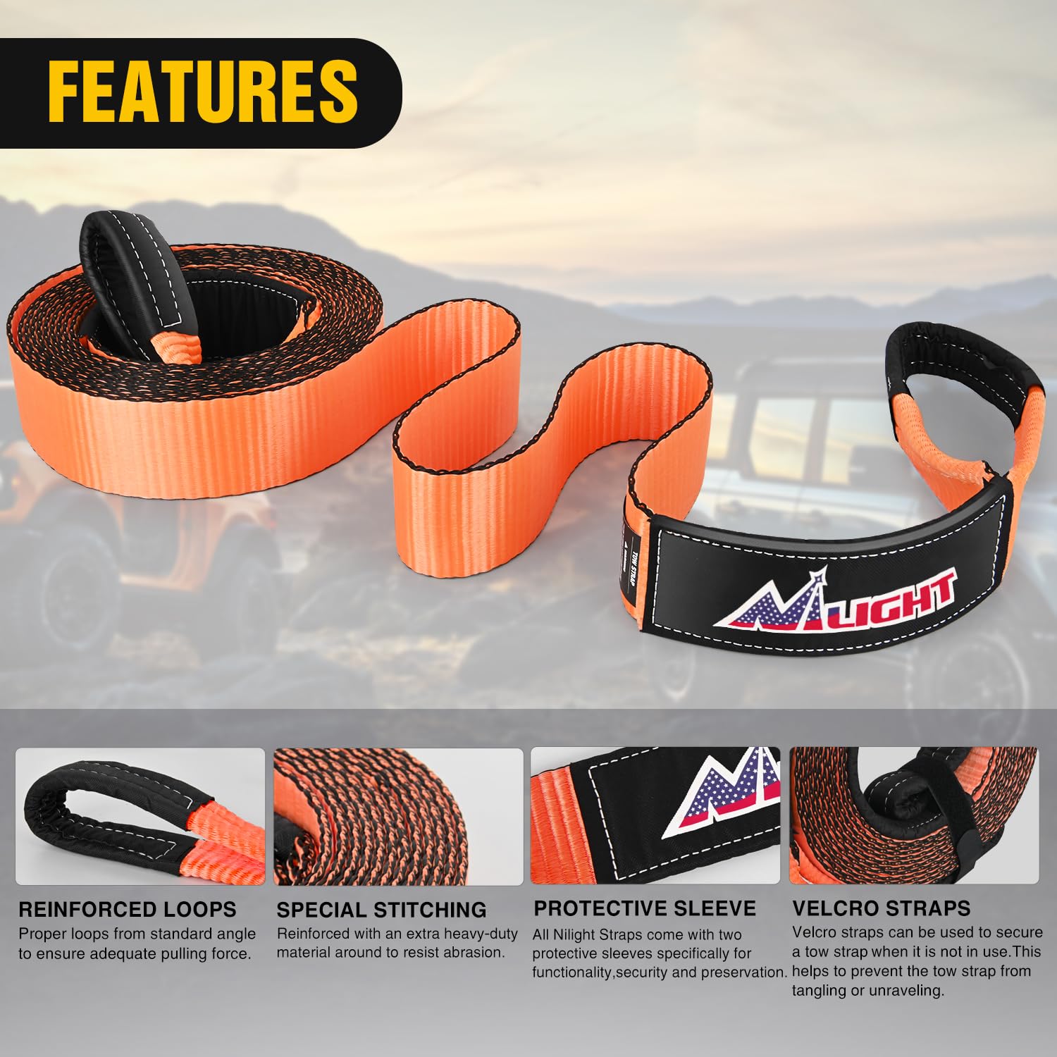 Nilight 3'' x 20' Recovery Tow Strap Lab Tested 31,500lbs Break Strength Heavy Duty Off Road Straps with Triple Reinforced Loop