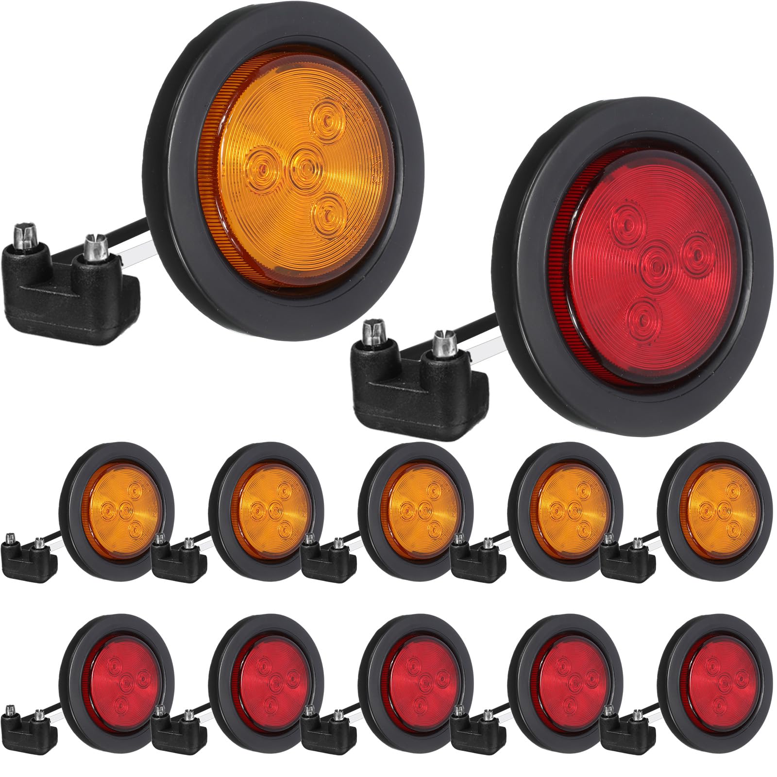 VIHOSE 12 Pcs Led Trailer Marker Lights 2.5 Inch 4 Diodes Flash Mount 12v Round with Rubber Grommets Marker Indicators Lights fo