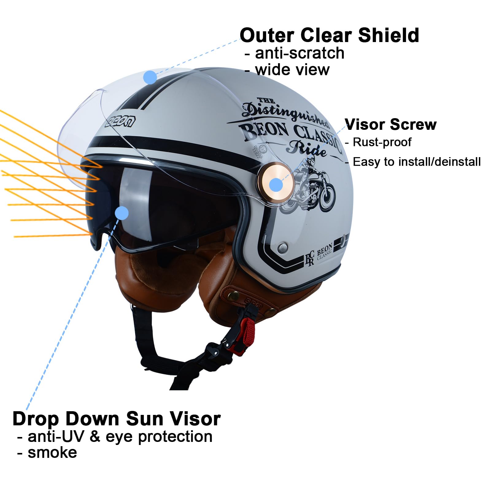 BEON Open Face Motorcycle Helmet, DOT Approved, Medium, BCR Glossy White, ABS, Dual Visors for Men and Women, Retro Vespa Style