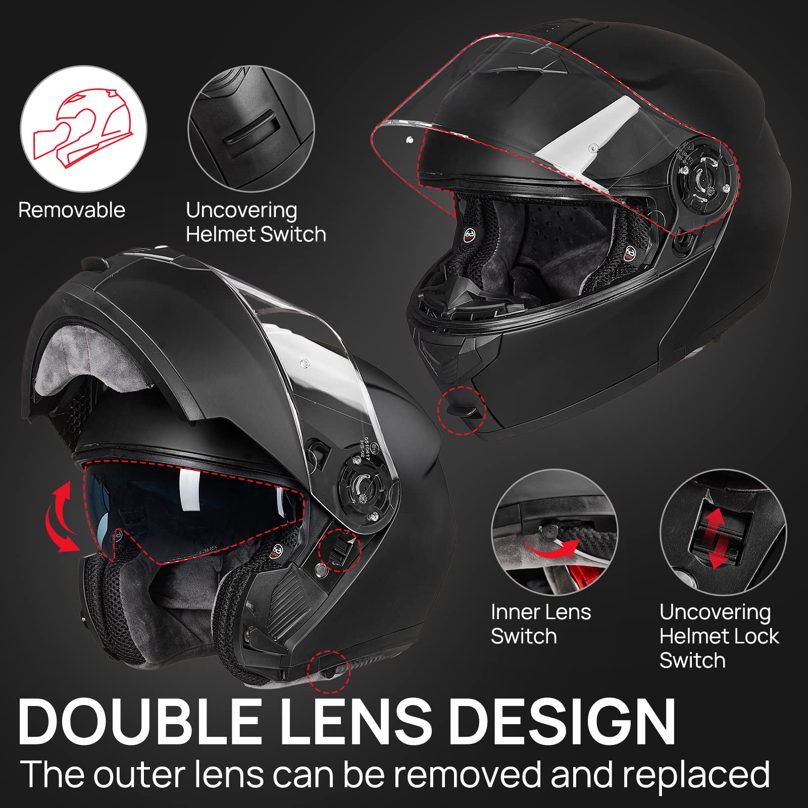 ILM Motorcycle Modular Full Face Helmet, DOT Approved, Large, Matte Black, Model 159, ABS Material, Flip Up Dual Visor