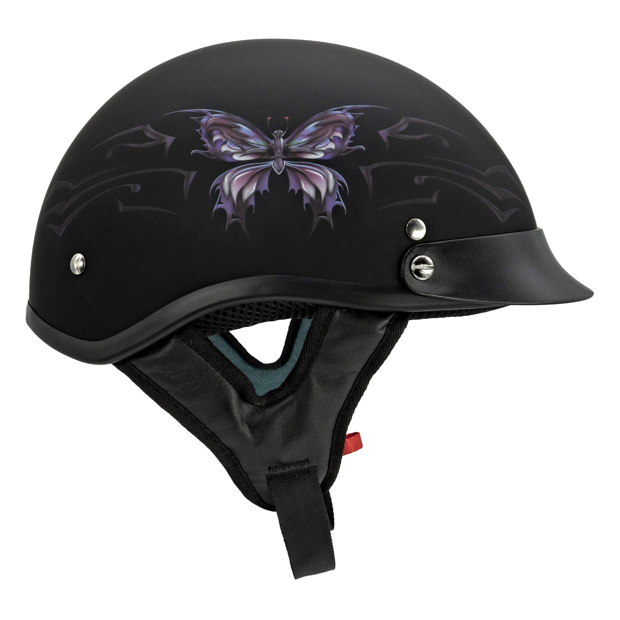 VCAN Cruiser Motorcycle Half Helmet - Medium, Flat Black Butterfly, Model V5-15BF23, Durable Plastic