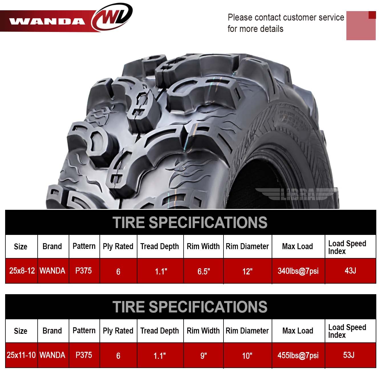 Wanda Set Of 4 Premium Atv/Utv Tires 25X8-12 Front & 25X11-10 Rear /6Pr P375 Super Lug Mud