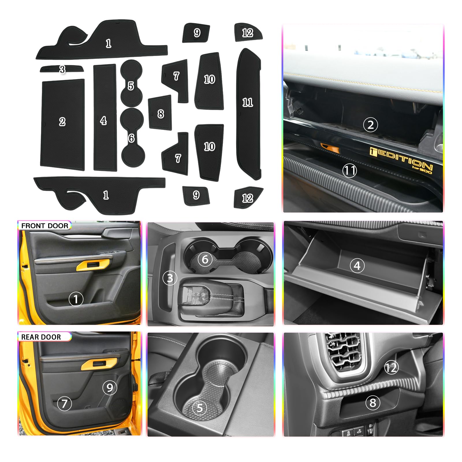 SKTU Door Slot Mat for 2024-2025 Ford Ranger XL/XLT/LARIAT/Raptor, Rubber, 17Pcs Black, Protects Door Compartment & Center Console