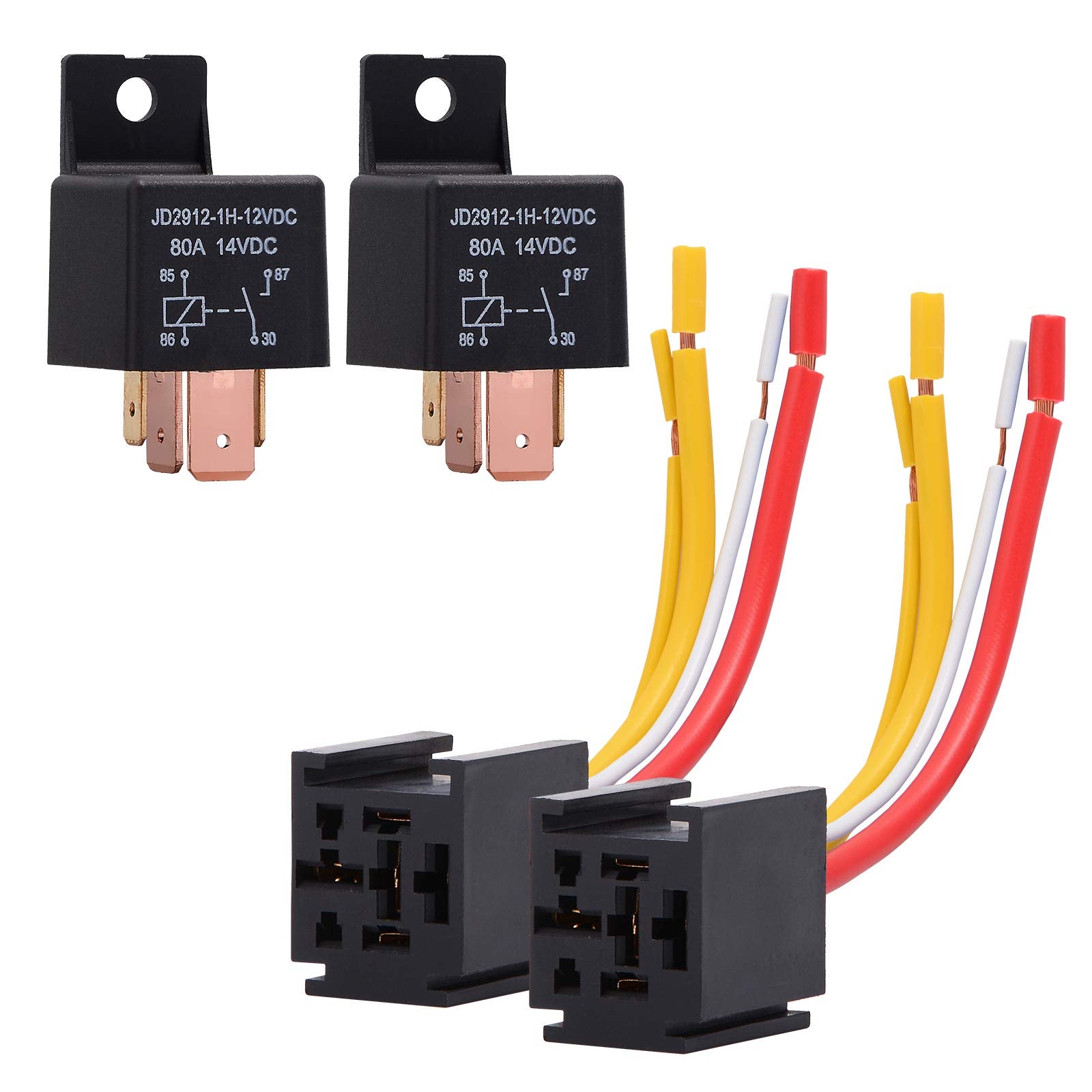 Ehdis 4-Pin Relay With Harness Car Truck Motor Heavy Duty 80A 12V On/Off Normally Open Spst Relay Socket Plug 4 Wire Automotive Relay Model Jd2912-1H-12Vdc 80A 14Vdc,Pack Of 2
