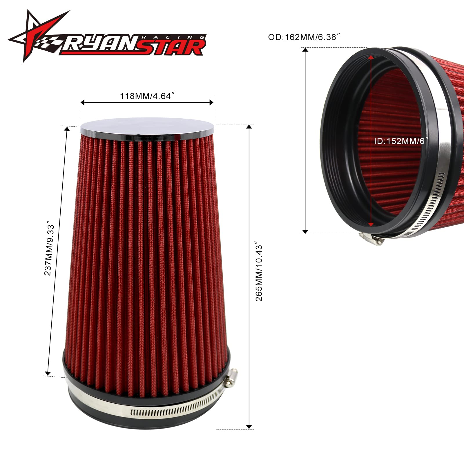 RYANSTAR RACING 152mm 6'' High Flow Round Tapered Cone Closed-Top Washable Clamp-On Dry Air Filter Long 265mm Tall