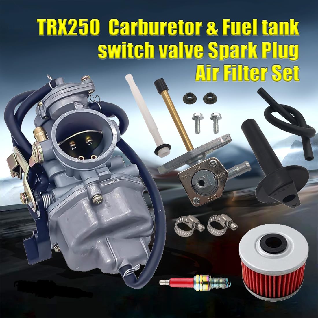 Aniro Moto Recon 250 Carburetor Set for Honda TRX250TM/TRX250TE - Includes Fuel Tank Petcock Valve, Air Filter, Oil Filter, Spark Plug